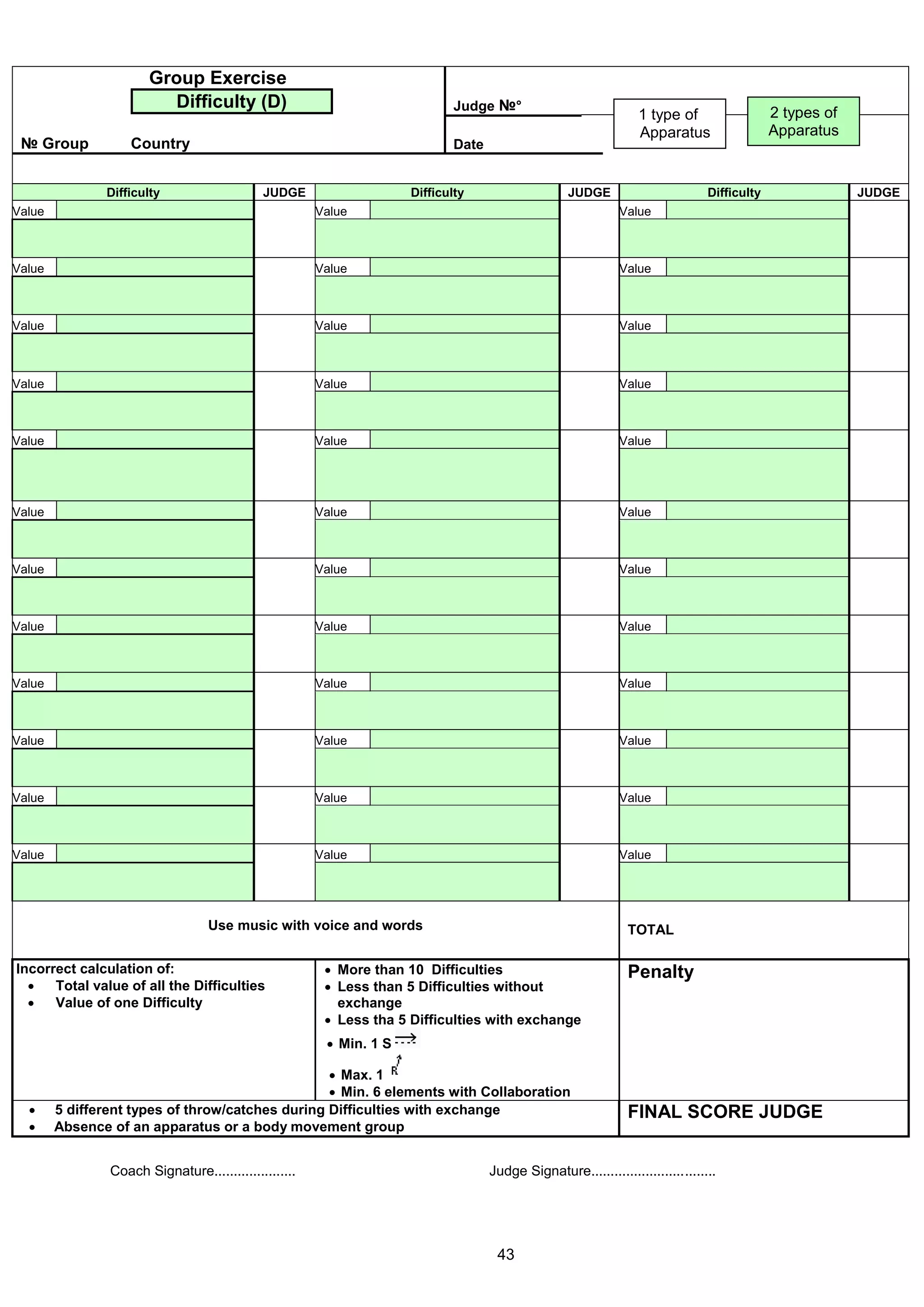 Group Exercise
                         Difficulty (D)                                     Judge №°
                                                                                                                 1 type of                   2 types of
                                                                                                                 Apparatus                   Apparatus
 № Group            Country                                                 Date


               Difficulty                    JUDGE                   Difficulty                    JUDGE                        Difficulty                JUDGE
Value                                                  Value                                                 Value



Value                                                  Value                                                 Value



Value                                                  Value                                                 Value



Value                                                  Value                                                 Value



Value                                                  Value                                                 Value




Value                                                  Value                                                 Value



Value                                                  Value                                                 Value



Value                                                  Value                                                 Value



Value                                                  Value                                                 Value



Value                                                  Value                                                 Value



Value                                                  Value                                                 Value



Value                                                  Value                                                 Value




                                   Use music with voice and words                                              TOTAL

Incorrect calculation of:                                More than 10 Difficulties                            Penalty
     Total value of all the Difficulties                Less than 5 Difficulties without
     Value of one Difficulty                             exchange
                                                         Less tha 5 Difficulties with exchange
                                                         Min. 1 S

                                                   Max. 1
                                                   Min. 6 elements with Collaboration
       5 different types of throw/catches during Difficulties with exchange                                   FINAL SCORE JUDGE
       Absence of an apparatus or a body movement group


                Coach Signature.....................                               Judge Signature................................




                                                                                    43
 