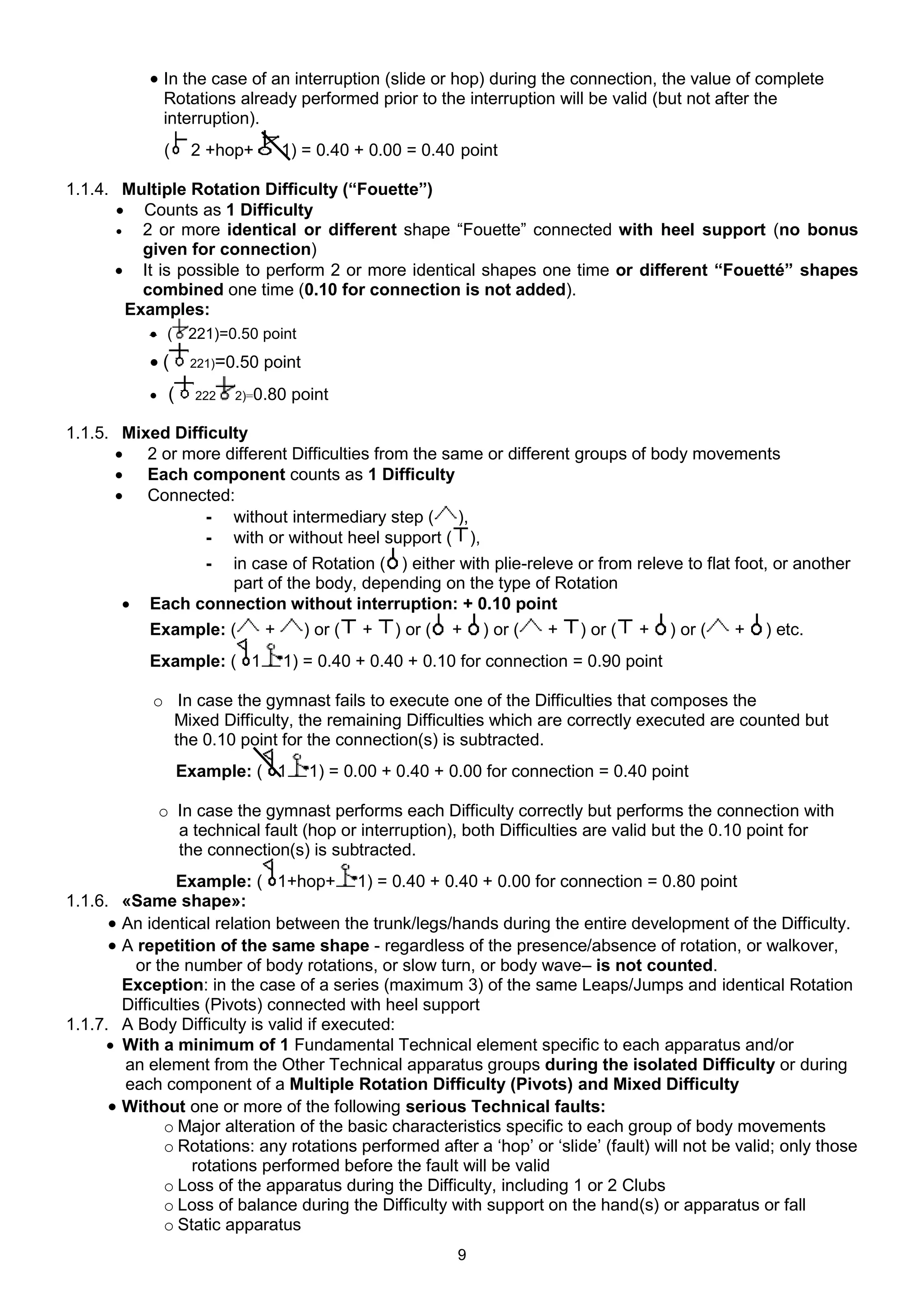  In the case of an interruption (slide or hop) during the connection, the value of complete
                 Rotations already performed prior to the interruption will be valid (but not after the
                 interruption).
                 (     2 +hop+         1) = 0.40 + 0.00 = 0.40 point

1.1.4. Multiple Rotation Difficulty (“Fouette”)
        Counts as 1 Difficulty
          2 or more identical or different shape “Fouette” connected with heel support (no bonus
           given for connection)
       It is possible to perform 2 or more identical shapes one time or different “Fouetté” shapes
           combined one time (0.10 for connection is not added).
         Examples:
              (       221)=0.50 point
             (        221)=0.50   point
                 (     222   2)=0.80   point

1.1.5. Mixed Difficulty
       2 or more different Difficulties from the same or different groups of body movements
       Each component counts as 1 Difficulty
       Connected:
                 - without intermediary step ( ),
                 - with or without heel support ( ),
                         -
                      in case of Rotation ( ) either with plie-releve or from releve to flat foot, or another
                      part of the body, depending on the type of Rotation
            Each connection without interruption: + 0.10 point
             Example: (            +       ) or (   +   ) or (   +   ) or (   +   ) or (   +   ) or (   +   ) etc.
             Example: ( 1              1) = 0.40 + 0.40 + 0.10 for connection = 0.90 point

             o In case the gymnast fails to execute one of the Difficulties that composes the
               Mixed Difficulty, the remaining Difficulties which are correctly executed are counted but
               the 0.10 point for the connection(s) is subtracted.
                      Example: ( 1         1) = 0.00 + 0.40 + 0.00 for connection = 0.40 point

                 o In case the gymnast performs each Difficulty correctly but performs the connection with
                   a technical fault (hop or interruption), both Difficulties are valid but the 0.10 point for
                   the connection(s) is subtracted.
                  Example: ( 1+hop+ 1) = 0.40 + 0.40 + 0.00 for connection = 0.80 point
1.1.6.   «Same shape»:
        An identical relation between the trunk/legs/hands during the entire development of the Difficulty.
        A repetition of the same shape - regardless of the presence/absence of rotation, or walkover,
           or the number of body rotations, or slow turn, or body wave– is not counted.
         Exception: in the case of a series (maximum 3) of the same Leaps/Jumps and identical Rotation
         Difficulties (Pivots) connected with heel support
1.1.7.   A Body Difficulty is valid if executed:
        With a minimum of 1 Fundamental Technical element specific to each apparatus and/or
         an element from the Other Technical apparatus groups during the isolated Difficulty or during
         each component of a Multiple Rotation Difficulty (Pivots) and Mixed Difficulty
        Without one or more of the following serious Technical faults:
               o Major alteration of the basic characteristics specific to each group of body movements
               o Rotations: any rotations performed after a ‘hop’ or ‘slide’ (fault) will not be valid; only those
                    rotations performed before the fault will be valid
               o Loss of the apparatus during the Difficulty, including 1 or 2 Clubs
               o Loss of balance during the Difficulty with support on the hand(s) or apparatus or fall
               o Static apparatus
                                                                 9
 