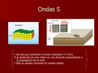 Ondas S
Son las que transmiten a menor velocidad: 4-7 km/s
Las partículas de roca vibran en una dirección perpendicular a
la propagación de la onda
Sólo se pueden transmitir en medios sólidos
 
