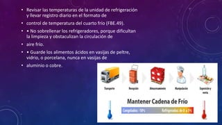• Revisar las temperaturas de la unidad de refrigeración
y llevar registro diario en el formato de
• control de temperatura del cuarto frío (FBE.49).
• • No sobrellenar los refrigeradores, porque dificultan
la limpieza y obstaculizan la circulación de
• aire frío.
• • Guarde los alimentos ácidos en vasijas de peltre,
vidrio, o porcelana, nunca en vasijas de
• aluminio o cobre.
 