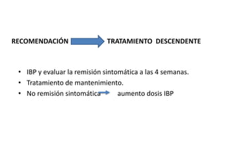 • IBP y evaluar la remisión sintomática a las 4 semanas.
• Tratamiento de mantenimiento.
• No remisión sintomática aumento dosis IBP
RECOMENDACIÓN TRATAMIENTO DESCENDENTE
 