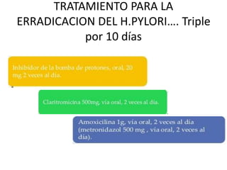 TRATAMIENTO PARA LA
ERRADICACION DEL H.PYLORI…. Triple
por 10 días
 