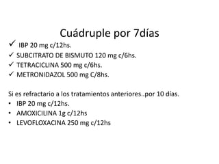 Cuádruple por 7días
 IBP 20 mg c/12hs.
 SUBCITRATO DE BISMUTO 120 mg c/6hs.
 TETRACICLINA 500 mg c/6hs.
 METRONIDAZOL 500 mg C/8hs.
Si es refractario a los tratamientos anteriores..por 10 días.
• IBP 20 mg c/12hs.
• AMOXICILINA 1g c/12hs
• LEVOFLOXACINA 250 mg c/12hs
 