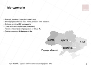 група РЕЙТИНГ | Суспільно-політичні настрої населення | вересень 2018 2
o Аудиторія: населення України від 18 років і стар...