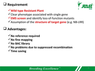 Wild type Resistant Plant
Clear phenotype associated with single gene
EMS screen and identify loss-of-function mutants
Assumption of the structure of target gene (e.g. NB-LRR)
 Advantages:
No reference required
No fine mapping
No BAC library
No problems due to suppressed recombination
Time saving
 Requirement
23
 