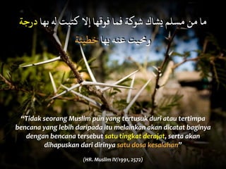 “Tidak	
  seorang	
  Muslim	
  pun	
  yang	
  tertusuk	
  duri	
  atau	
  tertimpa	
  
bencana	
  yang	
  lebih	
  daripada	
  itu	
  melainkan	
  akan	
  dicatat	
  baginya	
  
dengan	
  bencana	
  tersebut	
  satu	
  tingkat	
  derajat,	
  serta	
  akan	
  
dihapuskan	
  dari	
  dirinya	
  satu	
  dosa	
  kesalahan”	
  	
  
(HR.	
  Muslim	
  IV/1991,	
  2572)
‫درﺟﺔ‬ ‫ﺑﻬﺎ‬ " ‫ﻛﺘﺒﺖ‬ ‫إﻻ‬ ‫ﻓﻮﻗﻬﺎ‬ ‫ﻓﻤﺎ‬ ‫ﺔ‬i‫ﺷﻮ‬ ‫ﻳﺸﺎك‬ ‫ﻣﺴﻠﻢ‬ ‫ﻣﻦ‬ ‫ﻣﺎ‬
‫ﺧﻄﻴﺌﺔ‬ ‫ﺑﻬﺎ‬ ‫ﻋﻨﻪ‬ ‫وﻣﻴﺖ‬
 