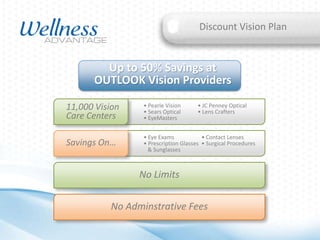Discount Vision Plan

Up to 50% Savings at
OUTLOOK Vision Providers
11,000 Vision
Care Centers

• Pearle Vision
• Sears Optical
• EyeMasters

Savings On…

• Eye Exams
• Contact Lenses
• Prescription Glasses • Surgical Procedures
& Sunglasses

• JC Penney Optical
• Lens Crafters

No Limits
No Adminstrative Fees

 