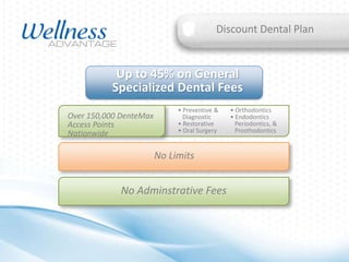 Discount Dental Plan

Up to 45% on General
Specialized Dental Fees
Over 150,000 DenteMax
Access Points
Nationwide

• Preventive &
Diagnostic
• Restorative
• Oral Surgery

No Limits

No Adminstrative Fees

• Orthodontics
• Endodontics
Periodontics, &
Prosthodontics

 
