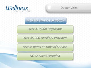 Doctor Visits

MEMBER SAVINGS UP TO 20%

Over 410,000 Physicians
Over 45,000 Ancillary Providers
Access Rates at Time of Service
NO Services Excluded

 