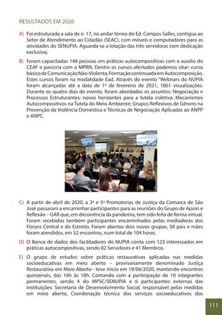 111
RESULTADOS EM 2020
A) Foi estruturada a sala de n. 17, no andar térreo do Ed. Campos Salles, contígua ao
Setor de Atendimento ao Cidadão (SEAC), com móveis e computadores para as
atividades do SENUPIA. Aguarda-se a lotação das três servidoras com dedicação
exclusiva;
B) Foram capacitadas 148 pessoas em práticas autocompositivas com o auxílio do
CEAF e parceria com o MPRN. Dentre os cursos ofertados podemos citar: curso
básicodeComunicaçãoNão-Violenta,FormaçãocontinuadaemAutocomposição.
Estes cursos foram na modalidade Ead. Através do evento “Webnars do NUPIA
foram alcançadas até a data de 1º de fevereiro de 2021, 1861 visualizações.
Durante os quatro dias do evento, foram abordados os assuntos: Negociação e
Processos Estruturantes: novos horizontes para a tutela coletiva; Mecanismos
Autocompositivos na Tutela do Meio Ambiente; Grupos Reflexivos de Gênero na
Prevenção da Violência Doméstica e Técnicas de Negociação Aplicadas ao ANPP
e ANPC.
C) A partir de abril de 2020, a 3ª e 5ª Promotorias de Justiça da Comarca de São
José passaram a encaminhar participantes para as reuniões do Grupo de Apoio e
Reflexão – GAR que, em decorrência da pandemia, tem sido feita de forma virtual.
Foram recebidos também participantes encaminhados pelas mediadoras dos
Fóruns Central e do Estreito. Foram abertos dois novos grupos, 58 pais e mães
foram atendidos, em 52 encontros, num total de 104 horas.
D) O Banco de dados dos facilitadores do NUPIA conta com 123 interessados em
práticas autocompositivas, sendo 82 Servidores e 41 Membros.
E) O grupo de estudos sobre práticas restaurativas aplicadas nas medidas
socioeducativas em meio aberto – provisoriamente denominado Justiça
Restaurativa em Meio Aberto - teve início em 19/06/2020, mantendo encontros
quinzenais, das 16h às 18h. Contando com a participação de 10 integrantes
permanentes, sendo 4 do MPSC/SENUPIA e 6 participantes externas das
instituições: Secretaria de Desenvolvimento Social, responsável pelas medidas
em meio aberto, Coordenação técnica dos serviços socioeducativos dos
 