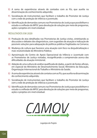 124
E) A soma de experiências através de contados com as PJs, que auxilia na
disseminação do conhecimento adquirido;
F) Socialização de instrumentais que facilitam o trabalho do Promotor de Justiça
com a rede de proteção de infância e juventude;
G) Identificação de demandas comuns nas Promotorias de Justiça que possibilitam o
estudo e a reflexão do MPSC para devolução de soluções por meio de programas,
ações e projetos em nível estadual.
RESULTADOS EM 2020
A) Produção de atas detalhadas nas Promotorias de Justiça visitas, sintetizando as
discussões e debates dos diagnósticos, com sugestões de atuação e indicação de
possíveis soluções para adequação de políticas públicas fragilizadas na Comarca;
B) Mudança de cultura que favorece uma atuação com foco na desjudicialização e
mais resolutividade do Ministério Público;
C) Aproximação do Centro de Apoio Operacional da Infância e Juventude com
as Promotorias de Justiça visitadas, ressignificando a compreensão acerca das
dificuldades da atuação ministerial;
D) Adoção de uma cultura de análise qualificada de dados, a partir de fontes oficiais,
em especial do Ministério de Desenvolvimento Social, Ministério da Educação,
Organização Internacional do Trabalho e Ministério da Saúde;
E) AsomadeexperiênciasatravésdecontatoscomasPJs,queauxilianadisseminação
do conhecimento adquirido;
F) Socialização de instrumentais que facilitam o trabalho do Promotor de Justiça
com a rede de proteção de infância e juventude;
G) Identificação de demandas comuns nas Promotorias de Justiça que possibilitam o
estudo e a reflexão do MPSC para devolução de soluções por meio de programas,
ações e projetos em nível estadual.
Logotipo do Projeto
 