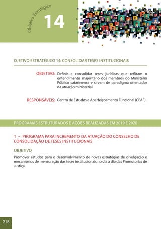 218
OJETIVO ESTRATÉGICO 14: CONSOLIDAR TESES INSTITUCIONAIS
Definir e consolidar teses jurídicas que reflitam o
entendimento majoritário dos membros do Ministério
Público catarinense e sirvam de paradigma orientador
da atuação ministerial
Centro de Estudos e Aperfeiçoamento Funcional (CEAF)
PROGRAMAS ESTRUTURADOS E AÇÕES REALIZADAS EM 2019 E 2020
1 – PROGRAMA PARA INCREMENTO DA ATUAÇÃO DO CONSELHO DE
CONSOLIDAÇÃO DE TESES INSTITUCIONAIS
OBJETIVO
Promover estudos para o desenvolvimento de novas estratégias de divulgação e
mecanismos de mensuração das teses institucionais no dia a dia das Promotorias de
Justiça.
14
OBJETIVO:
RESPONSÁVEIS:
 