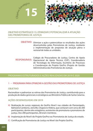 220
15
OBJETIVO:
RESPONSÁVEIS:
OBJETIVO ESTRATÉGICO 15: OTIMIZAR E POTENCIALIZAR A ATUAÇÃO
DAS PROMOTORIAS DE JUSTIÇA
Otimizar a ação e potencializar os resultados das ações
desenvolvidas pelas Promotorias de Justiça, mediante
a implementação de propostas de atuação plena e
racional de todas as unidades.
Colégio de Procuradores de Justiça, Centro de Apoio
Operacional de Apoio Técnico (CAT), Coordenadoria
de Tecnologia da Informação, Escritório de Processos
e Coordenação do Projeto GesPro (Projeto de Gestão
Administrativa das Promotorias de Justiça).
PROGRAMAS ESTRUTURADOS E AÇÕES REALIZADAS EM 2019 E 2020
1 – PROGRAMA PARA OTIMIZAR A GESTÃO DAS PROMOTORIAS DE JUSTIÇA
OBJETIVO
Racionalizar e padronizar as rotinas das Promotorias de Justiça, contribuindo para a
produção de dados gerenciais e estratégicos ao Ministério Público de Santa Catarina.
AÇÕES DESENVOLVIDAS EM 2019
A) Realização de cursos regionais do GesPro Nível I nas cidades de Florianópolis,
Balneário Camboriú, Joinville, Chapecó eVideira, que contaram com cerca de 200
participantes, dentre eles estagiários, assistentes de promotoria e promotores de
justiça. Dos 200 participantes, 60 eram membros;
B) Implantação do Nível I do Projeto GesPro nas Promotorias de Justiça do estado.
C) Certificação de Promotorias de Justiça no Nível I do Projeto GesPro;
 