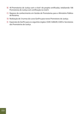 222
B) 40 Promotorias de Justiça com o nível I do projeto certificadas, totalizando 108
Promotorias de Justiça com certificação no nível I;
C) Repasse do conhecimento em Gestão de Promotorias para o Ministério Público
de Roraima;
D) Realização de 3 turmas do curso GesPro para novos Promotores de Justiça;
E) Expansão do GesPro para os seguintes órgãos: CEAF, SUBJUR, CAOS e Secretarias
das Promotorias de Justiça.
 