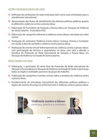 25
AÇÕES DESENVOLVIDAS EM 2020
A) Definição das atribuições de cada instituição, bem como suas orientações para o
atendimento intersetorial;
B) Apresentação dos fluxos de atendimento das diversas políticas públicas quanto
às diferentes violências contra a pessoa idosa;
C) Elaboração de Formulário de Proteção à Pessoa Idosa em Situação de Violência
de Santa Catarina - Formulário PISC;
D) Elaboração de campanha referente à violência contra idosos veiculada nas redes
sociais;
E) Realização do webinário “Violência Contra Idoso: Conheça, Previna e Combata”,
em alusão à data de combate à violência contra pessoa idosa;
F) Realização do evento virtual“Enfrentamento da violência contra a pessoa idosa”,
com participação de técnicos e especialistas no tema, com vista a abordar a
temática do Protocolo de Rede Intersetorial de Atenção à Pessoa Idosa em
Situação de Violência no Estado de Santa Catarina.
RESULTADOS EM 2020
A) Elaboração, e aprovação, do texto final do Protocolo de Rede Intersetorial de
Atenção à Pessoa Idosa em Situação deViolência no Estado de Santa Catarina por
todos os órgãos e entidades parceiros do grupo de trabalho;
B) Publicação de campanha e eventos virtuais sobre a temática da violência contra
a pessoa idosa;
C) Fortalecimento da articulação intersetorial das diferentes políticas públicas e
órgaos do sistema de justiça no enfrentamento à violência contra a pessoa idosa.
Live
 