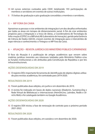 263
H) 64 cursos externos custeados pelo CEAF, totalizando 193 participações de
membros e servidores em eventos de outras instituições;
I) 75 bolsas de graduação e pós-graduação concedidas a membros e servidores.
5 – MP FORA DA CAIXA
Aproximar as pessoas e criar ambientes de integração é um dos desafios enfrentados
por todas as áreas em tempos de distanciamento social. A fim de criar ambientes
propícios para a integração e a troca de ideias, a Coordenadoria de Tecnologia da
Infor-mação (COTEC) e o iMPulsoLAB (Laboratório de Inovação), gerido pela Gerência
de Ciência de Dados (GECD), criaram eventos de integração para o intercâmbio de
expe-riências e conhecimento: o TIntegra e o MP Fora da Caixa.
6 – ATUAÇÃO – REVISTA JURÍDICA DO MINISTÉRIO PÚBLICO CATARINENSE
O foco da Atuação é a publicação de artigos acadêmicos que versem sobre
matérias jurídicas inerentes aos interesses tutelados pelo Ministério Público e/ou
às funções institucionais a ele atribuídas pela Constituição da República e por leis
infraconstitucionais.
AÇÕES DESENVOLVIDAS EM 2019
A) O registro DOI, importante ferramenta de identificação de objetos digitais utiliza-
do para revistas acadêmicas, foi contratado para 2019-2020.
RESULTADOS EM 2019
A) Foram publicadas duas edições, em junho e em dezembro de 2019.
B) A revista foi indexada em bases de dados nacionais (Diadorim, Sumários.Org e
Rede Virtual de Bibliotecas) e internacionais (HeinOnLine, Latindex, Redib e Ul-
richs Web) e foi catalogada também no Google Acadêmico.
AÇÕES DESENVOLVIDAS EM 2020
A) O registro DOI iniciou a fase de renovação de contrato para o próximo período
2021-2022.
RESULTADOS EM 2020
A) Foram publicadas duas edições, em outubro e em dezembro de 2020;
 