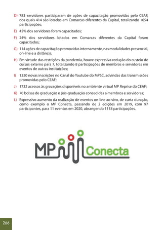 266
D) 783 servidores participaram de ações de capacitação promovidas pelo CEAF,
dos quais 414 são lotados em Comarcas diferentes da Capital, totalizando 1654
participações;
E) 45% dos servidores foram capacitados;
F) 24% dos servidores lotados em Comarcas diferentes da Capital foram
capacitados;			
G) 114 ações de capacitação promovidas internamente, nas modalidades presencial,
on-line e a distância;
H) Em virtude das restrições da pandemia, houve expressiva redução do custeio de
cursos externo para 7, totalizando 8 participações de membros e servidores em
eventos de outras instituições;
I) 1320 novas inscrições no Canal do Youtube do MPSC, advindas das transmissões
promovidas pelo CEAF;
J) 1732 acessos às gravações disponíveis no ambiente virtual MP Reprise do CEAF;
K) 70 bolsas de graduação e pós-graduação concedidas a membros e servidores;
L) Expressivo aumento da realização de eventos on-line ao vivo, de curta duração,
como exemplo o MP Conecta, passando de 2 edições em 2019, com 97
participantes, para 11 eventos em 2020, abrangendo 1118 participações.
 