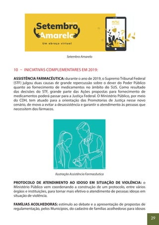 29
Setembro Amarelo
10 – INICIATIVAS COMPLEMENTARES EM 2019:
ASSISTÊNCIA FARMACÊUTICA: durante o ano de 2019, o Supremo Tribunal Federal
(STF) julgou duas causas de grande repercussão sobre o dever do Poder Público
quanto ao fornecimento de medicamentos no âmbito do SUS. Como resultado
das decisões do STF, grande parte das Ações propostas para fornecimento de
medicamentos poderá passar para a Justiça Federal. O Ministério Público, por meio
do CDH, tem atuado para a orientação das Promotorias de Justiça nesse novo
cenário, de movo a evitar a desassistência e garantir o atendimento às pessoas que
necessitem dos fármacos.
Ilustração Assistência Farmacêutica
PROTOCOLO DE ATENDIMENTO AO IDOSO EM SITUAÇÃO DE VIOLÊNCIA: o
Ministério Público vem coordenando a construção de um protocolo, entre vários
órgãos e instituições, para tornar mais efetivo o atendimento de pessoas idosas em
situação de violência.
FAMÍLIAS ACOLHEDORAS: estímulo ao debate e a apresentação de propostas de
regulamentação, pelos Municípios, do cadastro de famílias acolhedoras para idosos
 