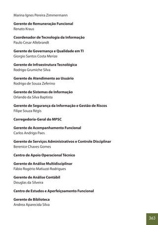 363
Marina Ignes Pereira Zimmermann
Gerente de Remuneração Funcional
Renato Kraus
Coordenador de Tecnologia da Informação
Paulo Cesar Allebrandt
Gerente de Governança e Qualidade em TI
Giorgio Santos Costa Merize
Gerente de Infraestrutura Tecnológica
Rodrigo Grumiche Silva
Gerente de Atendimento ao Usuário
Rodrigo de Souza Zeferino
Gerente de Sistemas de Informação
Orlando da Silva Baptista
Gerente de Segurança da Informação e Gestão de Riscos
Filipe Souza Régis
Corregedoria-Geral do MPSC
Gerente de Acompanhamento Funcional
Carlos Andrigo Paes
Gerente de Serviços Administrativos e Controle Disciplinar
Berenice Chaves Gomes
Centro de Apoio Operacional Técnico
Gerente de Análise Multidisciplinar
Fábio Rogério Matiuzzi Rodrigues
Gerente de Análise Contábil
Douglas da Silveira
Centro de Estudos e Aperfeiçoamento Funcional
Gerente de Biblioteca
Andrea Aparecida Silva
 