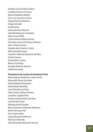 369
Ariadne Clarissa Klein Sartori
Candida Antunes Ferreira
Marina Modesto Rebelo
Cyro Luiz Guerreiro Júnior
Diego Roberto Barbiero
Felipe Schmidt
Giselli Dutra
Giancarlo Rosa Oliveira
Júlia Wendhausen Cavallazzi
Glauco José Riffel
Cássio Antonio Ribas Gomes
Chimelly Louise de Resenes Marcon
Eder Cristiano Viana
Graziele dos Prazeres Cunha
Átila Guastalla Lopes
Claudine Vidal de Negreiros da Silva
Viviane Soares
Simão Baran Junior
Marcio Gai Veiga
Douglas Roberto Martins
Andrea Gevaerd
Promotores de Justiça de Entrância Final
Maria Regina Dexheimer Lakus Forlin
Alexandre Daura Serratine
Pedro Roberto Decomain
Karla Bárdio Meirelles
José Orlando Lara Dias
João Carlos Linhares Silveira
Laudares Capella Filho
Sandra Goulart Giesta da Silva
José Renato Côrte
Rodrigo Kurth Quadro
Marco Antonio Schütz de Medeiros
Alicio Henrique Hirt
Ana Cristina Boni
Jorge Eduardo Hoffmann
Marcionei Mendes
João Alexandre Massulini Acosta
 