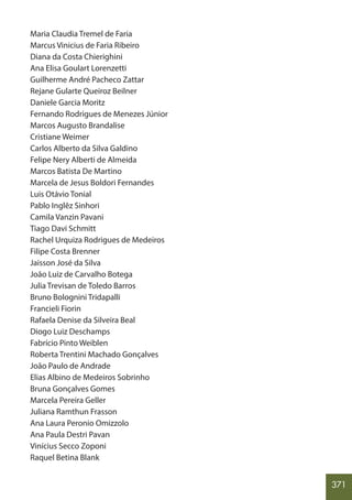 371
Maria Claudia Tremel de Faria
Marcus Vinicius de Faria Ribeiro
Diana da Costa Chierighini
Ana Elisa Goulart Lorenzetti
Guilherme André Pacheco Zattar
Rejane Gularte Queiroz Beilner
Daniele Garcia Moritz
Fernando Rodrigues de Menezes Júnior
Marcos Augusto Brandalise
Cristiane Weimer
Carlos Alberto da Silva Galdino
Felipe Nery Alberti de Almeida
Marcos Batista De Martino
Marcela de Jesus Boldori Fernandes
Luis Otávio Tonial
Pablo Inglêz Sinhori
Camila Vanzin Pavani
Tiago Davi Schmitt
Rachel Urquiza Rodrigues de Medeiros
Filipe Costa Brenner
Jaisson José da Silva
João Luiz de Carvalho Botega
Julia Trevisan de Toledo Barros
Bruno Bolognini Tridapalli
Francieli Fiorin
Rafaela Denise da Silveira Beal
Diogo Luiz Deschamps
Fabrício Pinto Weiblen
Roberta Trentini Machado Gonçalves
João Paulo de Andrade
Elias Albino de Medeiros Sobrinho
Bruna Gonçalves Gomes
Marcela Pereira Geller
Juliana Ramthun Frasson
Ana Laura Peronio Omizzolo
Ana Paula Destri Pavan
Vinícius Secco Zoponi
Raquel Betina Blank
 