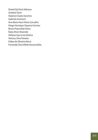 375
Daniel Dal Pont Adriano
Andréia Tonin
Stephani Gaeta Sanches
Gabriela Arenhart
Ana Maria Horn Vieira Carvalho
Diego Henrique Siqueira Ferreira
Bruno Poerschke Vieira
Raíza Alves Rezende
Stefano Garcia da Silveira
Vinícius Silva Peixoto
Felipe de Oliveira Neiva
Fernanda Silva Villela Vasconcellos
 