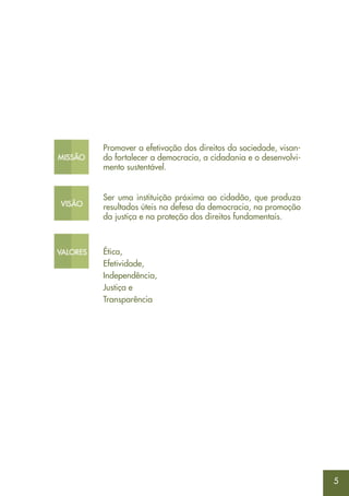 5
Promover a efetivação dos direitos da sociedade, visan-
do fortalecer a democracia, a cidadania e o desenvolvi-
mento sustentável.
Ser uma instituição próxima ao cidadão, que produza
resultados úteis na defesa da democracia, na promoção
da justiça e na proteção dos direitos fundamentais.
Ética,
Efetividade,
Independência,
Justiça e
Transparência
 