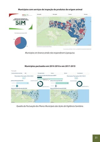 51
Municípios com serviços de inspeção de produtos de origem animal
Municípios em branco ainda não responderam à pesquisa.
Municípios pactuados em 2014-2016 e em 2017-2019
Quadro da Pactuação dos Planos Municipais das Ações de Vigilância Sanitária.
 