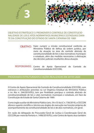 52
OBJETIVO ESTRATÉGICO 3: PROMOVER O CONTROLE DE CONSTITUCIO-
NALIDADE DE LEIS E ATOS NORMATIVOS MUNICIPAIS E ESTADUAIS DIAN-
TE DA CONSTITUIÇÃO DO ESTADO DE SANTA CATARINA DE 1989
Fazer cumprir a missão constitucional conferida ao
Ministério Público de defesa da ordem jurídica, por
meio da atuação na área do controle abstrato da
constitucionalidade de leis e atos normativos municipais
e estaduais, além das medidas necessárias à efetivação
das decisões judiciais resultantes dessa atuação.
Centro de Apoio Operacional do Controle de
Constitucionalidade (CECCON).
PROGRAMAS ESTRUTURADOS E AÇÕES REALIZADAS EM 2019 E 2020
O Centro de Apoio Operacional do Controle de Constitucionalidade (CECCON), com
estrutura e atribuições previstas na Lei Orgânica Estadual do Ministério Público
e no Ato n. 244/2019/PGJ, tem por finalidade precípua o controle abstrato da
constitucionalidade de leis e atos normativos municipais e estaduais, em face da
Constituição do Estado de Santa Catarina de 1989.
Como órgão auxiliar do Ministério Público (arts. 54 e 55 da LC n. 738/2019), o CECCON
oferece suporte científico e técnico aos órgãos de execução nas funções próprias de
acompanhamento da constitucionalidade de leis e de atos normativos, em geral.
Em razão da delegação do Procurador-Geral de Justiça à Coordenação Geral do
CECCON por meio da Portaria n. 1498/2019/PGJ, este Centro de Apoio atua também
3
OBJETIVO:
RESPONSÁVEIS:
 