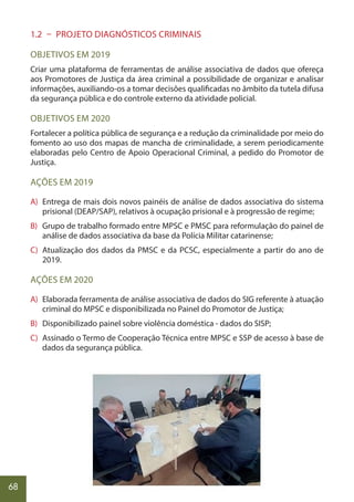 68
1.2 – PROJETO DIAGNÓSTICOS CRIMINAIS
OBJETIVOS EM 2019
Criar uma plataforma de ferramentas de análise associativa de dados que ofereça
aos Promotores de Justiça da área criminal a possibilidade de organizar e analisar
informações, auxiliando-os a tomar decisões qualificadas no âmbito da tutela difusa
da segurança pública e do controle externo da atividade policial.
OBJETIVOS EM 2020
Fortalecer a política pública de segurança e a redução da criminalidade por meio do
fomento ao uso dos mapas de mancha de criminalidade, a serem periodicamente
elaboradas pelo Centro de Apoio Operacional Criminal, a pedido do Promotor de
Justiça.
AÇÕES EM 2019
A) Entrega de mais dois novos painéis de análise de dados associativa do sistema
prisional (DEAP/SAP), relativos à ocupação prisional e à progressão de regime;
B) Grupo de trabalho formado entre MPSC e PMSC para reformulação do painel de
análise de dados associativa da base da Polícia Militar catarinense;
C) Atualização dos dados da PMSC e da PCSC, especialmente a partir do ano de
2019.
AÇÕES EM 2020
A) Elaborada ferramenta de análise associativa de dados do SIG referente à atuação
criminal do MPSC e disponibilizada no Painel do Promotor de Justiça;
B) Disponibilizado painel sobre violência doméstica - dados do SISP;
C) Assinado o Termo de Cooperação Técnica entre MPSC e SSP de acesso à base de
dados da segurança pública.
 