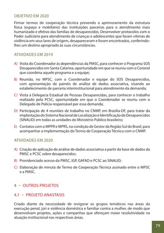 79
OBJETIVO EM 2020
Firmar termos de cooperação técnica prevendo o aprimoramento da estrutura
física (espaço e mobiliário) das instituições parceiras para o atendimento mais
humanizado e efetivo das famílias de desaparecidos. Desenvolver protocolos com o
Poder Judiciário para atendimento de crianças e adolescentes que foram vítimas de
violência em seus lares de origem, desapareceram e foram encontrados, conferindo-
lhes um destino apropriado às suas circunstâncias.
ATIVIDADES EM 2019
A) Visita do Coordenador às dependências da PMSC, para conhecer o Programa SOS
Desaparecidos em Santa Catarina, oportunidade em que se reuniu com o Coronel
que coordena aquele programa e a equipe;
B) Reunião, no MPSC, com o Coordenador e equipe do SOS Desaparecidos,
com apresentação de painéis de análise de dados associativa, visando ao
estabelecimento de parceria interinstitucional para atendimento da demanda;
C) Visita à Delegacia Estadual de Pessoas Desaparecidas, para conhecer o trabalho
realizado pela PCSC, oportunidade em que o Coordenador se reuniu com o
Delegado de Polícia responsável por essa demanda;
D) Participação de 4 reuniões de trabalho no CNMP, em Brasília-DF, para tratar da
implantaçãodoSistemaNacionaldeLocalizaçãoeIdentificaçãodeDesaparecidos
(SINALID) em todas as unidades do Ministério Público brasileiro;
E) Contatos com o MPPR e MPRS, na condição de Gestor da Região Sul do Brasil, para
acompanhar a implementação do Termo de Cooperação Técnica com o CNMP.
ATIVIDADES EM 2020
A) Criação de aplicação de análise de dados associativa a partir da base de dados da
PMSC e PCSC sobre desaparecidos;
B) Providenciado acesso da PMSC, IGP, GAFAD e PCSC ao SINALID;
C) Elaboração de minuta de Termo de Cooperação Técnica assinado entre o MPSC
e a PMSC.
4 – OUTROS PROJETOS
4.1 – PROJETO ANASTASIS
Criado diante da necessidade de revigorar os grupos temáticos nas áreas da
execução penal, júri e violência doméstica e familiar contra a mulher, de modo que
desenvolvam projetos, ações e campanhas que ofereçam maior resolutividade na
atuação institucional nas respectivas áreas.
 