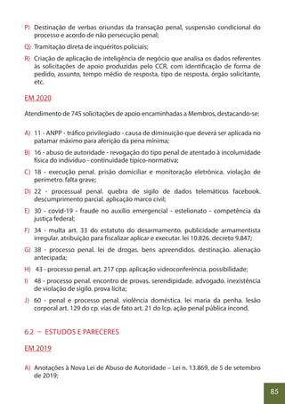 85
P) Destinação de verbas oriundas da transação penal, suspensão condicional do
processo e acordo de não persecução penal;
Q) Tramitação direta de inquéritos policiais;
R) Criação de aplicação de inteligência de negócio que analisa os dados referentes
às solicitações de apoio produzidas pelo CCR, com identificação de forma de
pedido, assunto, tempo médio de resposta, tipo de resposta, órgão solicitante,
etc.
EM 2020
Atendimento de 745 solicitações de apoio encaminhadas a Membros, destacando-se:
A) 11 - ANPP - tráfico privilegiado - causa de diminuição que deverá ser aplicada no
patamar máximo para aferição da pena mínima;
B) 16 - abuso de autoridade - revogação do tipo penal de atentado à incolumidade
física do indíviduo - continuidade típico-normativa;
C) 18 - execução penal. prisão domiciliar e monitoração eletrônica. violação de
perímetro. falta grave;
D) 22 - processual penal. quebra de sigilo de dados telemáticos facebook.
descumprimento parcial. aplicação marco civil;
E) 30 - covid-19 - fraude no auxílio emergencial - estelionato - competência da
justiça federal;
F) 34 - multa art. 33 do estatuto do desarmamento. publicidade armamentista
irregular. atribuição para fiscalizar aplicar e executar. lei 10.826. decreto 9.847;
G) 38 - processo penal. lei de drogas. bens apreendidos. destinação. alienação
antecipada;
H) 43 - processo penal. art. 217 cpp. aplicação videoconferência. possibilidade;
I) 48 - processo penal. encontro de provas. serendipidade. advogado. inexistência
de violação de sigilo. prova lícita;
J) 60 - penal e processo penal. violência doméstica. lei maria da penha. lesão
corporal art. 129 do cp. vias de fato art. 21 do lcp. ação penal pública incond.
6.2 – ESTUDOS E PARECERES
EM 2019
A) Anotações à Nova Lei de Abuso de Autoridade – Lei n. 13.869, de 5 de setembro
de 2019;
 