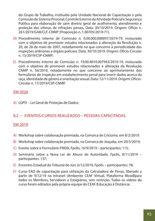 93
do Grupo de Trabalho, instituído pela Unidade Nacional de Capacitação e pela
Comissão do Sistema Prisional, Controle Externo da Atividade Policial e Segurança
Pública para elaboração de uam diretriz geral de acolhimento, atendimento e
proteção das vítimas de infrações penais. Data: 30/10/2019. Origem: Ofício n.
261/2019/GAB/CLF-CNMP (Proposição n. 1.00705/2019-71);
D) Procedimento Interno de Comissão n. 0.00.000.000097/2019-79, instaurado
com o objetivo de promover estudos relacionados à alteração da Resolução n.
20, de 28 de maio de 2007, notadamente no que concerne à periodicidade das
inspeções ordinárias a órgãos policiais. Data: 30/10/2019. Origem: Ofício-Circular
n. 15/2019/CSP-CNMP;
E) Procedimento Interno de Comissão n. 19.00.4010.007943/2019-19, instaurado
com o objetivo de promover estudos relacionados à alteração da Resolução
CNMP n. 56/2010, notadamente no que concerne ao aprimoramento dos
formulários de inspeção em estabelecimento penal para inserir dados acerca da
raça, identidade de gênero e orientação sexual. Data: 12/11/2019. Origem: Ofício-
Circular n. 17/2019/CSP-CNMP.
EM 2020
A) LGPD – Lei Geral de Proteção de Dados;
8.2 – EVENTOS/CURSOS REALIZADOS – PESSOAS CAPACITADAS.
EM 2019
A) Workshop sobre colaboração premiada, na Comarca de Criciúma, em 8/2/2019;
B) Workshop sobre colaboração premiada, na Comarca de Joaçaba, em 29/3/2019;
C) Evento sobre o Formulário FRIDA, Fpolis, 16/9/2019 – participantes: 115;
D) Seminário sobre a Nova Lei de Abuso de Autoridade, Fpolis, 8/11/2019 –
participantes: 137;
E) Encontro Estadual do Tribunal do Júri, 6/12/2019, Fpolis – participantes: 78;
F) Curso EAD de capacitação para utilização da Calculadora de Penas, liberado a
partir de 9/12/19 na intranet (Ambiente CEAF Virtual, Plataforma Moodlpara
todos os Membros, Servidores e Estagiários, sem restrição. Todos os vídeos do
curso foram editados pela própria equipe do CEAF/Educação à Distância;
 