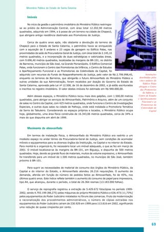69
○○○○○
Ministério Público do Estado de Santa Catarina
Imóveis
No início da gestão o patrimônio imobiliário do Ministério Público restringia-
se ao prédio da Administração Central, com área total 12.202,90 metros
quadrados, adquirido em 1994, e à posse de um terreno na cidade de Chapecó,
que abrigara antiga residência destinada aos Promotores de Justiça.
Cerca de quatro anos após, não obstante a devolução do terreno de
Chapecó para o Estado de Santa Catarina, o patrimônio havia se enriquecido
com a aquisição de 5 andares e 23 vagas de garagem no Edifício Palas, nas
proximidades da sede da Procuradoria-Geral de Justiça, com área total de 2.145,10
metros quadrados, e a incorporação de duas estratégicas e valorizadas áreas,
com 9.696,40 metros quadrados, localizadas às margens da BR-101, no distrito
de Barreiros, município de São José, na Grande Florianópolis. O Edifício Comercial
Palas, onde funcionam o Centro das Promotorias da Infância, o Centro de Estudos
e Aperfeiçoamento Funcional e as Promotorias da Coletividade da Capital, foi
adquirido com recursos do Fundo de Reaparelhamento da Justiça, pelo valor de R$ 2.799.998,45,
enquanto os terrenos de Barreiros, que abrigarão o futuro Almoxarifado do Ministério Público e
outras unidades da sua Administração, foram recebidos por doação do Governo do Estado de
Santa Catarina, aprovada pela Lei nº 12.508, de 16 de dezembro de 2002, e já estão escriturados
e inscritos no registro imobiliário. O valor destes imóveis foi estimado em R$ 940.000,00.
Além desses espaços, o Ministério Público locou mais dois galpões, com 1.500,00 metros
quadrados, para abrigar os serviços de Almoxarifado, Patrimônio e Arquivo, além de um conjunto
de salas no Centro da Capital, com 425 metros quadrados, onde funciona o Centro de Investigações
Especiais, e outras duas salas na cidade de Palhoça, onde está instalada a Promotoria Temática
da Serra do Tabuleiro. Considerando os espaços próprios e locados, o Ministério Público ocupa
hoje, globalmente, uma área física construída de 16.343,06 metros quadrados, cerca de 34% a
mais do que dispunha em abril de 1999.
Movimento do almoxarifado
Em termos de instalação física, o Almoxarifado do Ministério Público era restrito a um
modesto espaço no andar térreo da Procuradoria-Geral de Justiça, sem condições de acomodar
móveis e equipamentos para os diversos órgãos da Instituição, na Capital e no interior do Estado.
Para montá-lo e organizá-lo, foi necessário locar um imóvel adequado, o que se fez em março de
2001. O imóvel localizava-se às margens da BR-101, em Biguaçu, e dispunha de 500 metros
quadrados. Hoje, devido ao grande fluxo de materiais, muitos de volume expressivo, o Almoxarifado
foi transferido para um imóvel de 1.500 metros quadrados, no município de São José, também
próximo à BR-101.
Para suprir as necessidades de material de consumo dos órgãos do Ministério Público, da
Capital e do interior do Estado, o Almoxarifado atendeu 26.216 requisições. O aumento da
demanda, aferida em função do número de pedidos feitos ao Almoxarifado, foi de 45%, nos
últimos quatro anos. Este índice reflete também o aumento do consumo de papel para impressora,
tipo A4, que alcançou, durante o período, o total de 26.364 resmas (13.183.000 folhas).
O serviço de reprografia registrou a extração de 5.429.672 fotocópias no período 1999-
2002, sendo 4.793.199 (88,275) pelas máquinas do próprio Ministério Público e 636.473 (11,73%)
pelos equipamentos do Poder Judiciário instalados no fóruns das comarcas. Fruto da modernização
e racionalização dos procedimentos administrativos, o número de cópias extraídas nos
equipamentos do Poder Judiciário caíram de 230.929 em 1999 para 113.816 em 2002, significando
uma redução de quase cinqüenta por cento.
Instalações
distribuídas pelos
cinco andares do
Edifício Palas
abrigam o Centro
das Promotorias
da Infância, o
Centro de Estudos
e Aperfeiçoamento
Funcional e as
Promotorias da
Coletividade da
Capital
 