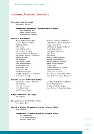 77
○○○○○
Ministério Público do Estado de Santa Catarina
ADMINISTRAÇÃO DO MINISTÉRIO PÚBLICO
Humberto Francisco Scharf Vieira
Antônio Gercino Ramos de Medeiros
Sérgio Antônio Rizelo
João Fernando Quagliarelli Borrelli
Hercília Regina Lemke
Francisco de Assis Felippe
Mário Gemin
Dálcio Moser
Gilberto Callado de Oliveira
Antenor Chinato Ribeiro
Narcísio Geraldino Rodrigues
Nelson Fernando Mendes
Jacson Corrêa
Anselmo Jerônimo de Oliveira
Basílio Elias de Caro
Aurino Alves de Souza
Paulo Roberto de Carvalho Roberge
Tycho Brahe Fernandes - Secretário
Conselho Superior do Ministério Público
José Galvani Alberton - Presidente
Odil José Cota
Paulo Roberto Speck
Pedro Sérgio Steil
José Francisco Hoepers
Procurador-Geral de Justiça
José Galvani Alberton
Assessoria do Gabinete do Procurador-Geral de Justiça
Abel Antunes de Mello
César Augusto Grubba
Walkyria Ruicir Danielski
Colégio de Procuradores
Moacyr de Moraes Lima Filho
Anselmo Agostinho da Silva
Hipólito Luiz Piazza
Valdir Vieira
Paulo Antônio Gunther
Luiz Fernando Sirydakis
Demétrio Constantino Serratine
José Galvani Alberton - Presidente
Robison Westphal
Odil José Cota
Paulo Roberto Speck
Jobel Braga de Araújo
Raul Schaefer Filho
Pedro Sérgio Steil
Vilmar José Loef
José Francisco Hoepers
José Eduardo Orofino da Luz Fontes
Raulino Jaco Bruning
Subprocurador-Geral de Justiça
Odil José Cota
Corregedor-Geral do Ministério Público
Pedro Sérgio Steil
Secretário-Geral da Corregedoria-Geral do Ministério Público
Sandro José Neis
Assessoria da Corregedoria-Geral do Ministério Público
Ary Capella Neto
Durval da Silva Amorim
Francisco Bissolli Filho
José Eduardo Orofino da Luz Fontes
Hercília Regina Lemke
Narcísio Geraldino Rodrigues
Paulo Roberto de Carvalho Roberge
 