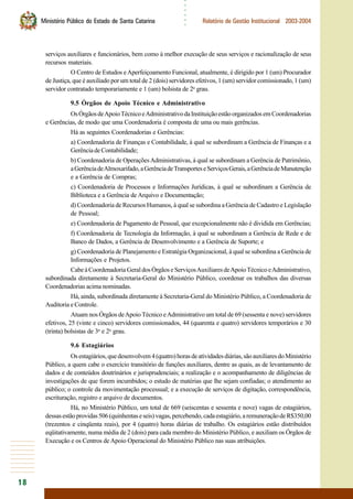 18
○○○○○○
Ministério Público do Estado de Santa Catarina Relatório de Gestão Institucional 2003-2004
serviços auxiliares e funcionários, bem como à melhor execução de seus serviços e racionalização de seus
recursos materiais.
O Centro de Estudos eAperfeiçoamento Funcional, atualmente, é dirigido por 1 (um) Procurador
de Justiça, que é auxiliado por um total de 2 (dois) servidores efetivos, 1 (um) servidor comissionado, 1 (um)
servidor contratado temporariamente e 1 (um) bolsista de 2o
grau.
9.5 Órgãos de Apoio Técnico e Administrativo
OsÓrgãosdeApoioTécnicoeAdministrativodaInstituiçãoestãoorganizadosemCoordenadorias
e Gerências, de modo que uma Coordenadoria é composta de uma ou mais gerências.
Há as seguintes Coordenadorias e Gerências:
a) Coordenadoria de Finanças e Contabilidade, à qual se subordinam a Gerência de Finanças e a
GerênciadeContabilidade;
b) Coordenadoria de OperaçõesAdministrativas, à qual se subordinam a Gerência de Patrimônio,
aGerênciadeAlmoxarifado,aGerênciadeTransporteseServiçosGerais,aGerênciadeManutenção
e a Gerência de Compras;
c) Coordenadoria de Processos e Informações Jurídicas, à qual se subordinam a Gerência de
Biblioteca e a Gerência de Arquivo e Documentação;
d) Coordenadoria de Recursos Humanos, à qual se subordina a Gerência de Cadastro e Legislação
de Pessoal;
e) Coordenadoria de Pagamento de Pessoal, que excepcionalmente não é dividida em Gerências;
f) Coordenadoria de Tecnologia da Informação, à qual se subordinam a Gerência de Rede e de
Banco de Dados, a Gerência de Desenvolvimento e a Gerência de Suporte; e
g) Coordenadoria de Planejamento e Estratégia Organizacional, à qual se subordina a Gerência de
Informações e Projetos.
CabeàCoordenadoriaGeraldosÓrgãoseServiçosAuxiliaresdeApoioTécnicoeAdministrativo,
subordinada diretamente à Secretaria-Geral do Ministério Público, coordenar os trabalhos das diversas
Coordenadorias acima nominadas.
Há, ainda, subordinada diretamente à Secretaria-Geral do Ministério Público, a Coordenadoria de
Auditoria e Controle.
Atuam nos Órgãos deApoio Técnico eAdministrativo um total de 69 (sessenta e nove) servidores
efetivos, 25 (vinte e cinco) servidores comissionados, 44 (quarenta e quatro) servidores temporários e 30
(trinta) bolsistas de 3o
e 2o
grau.
9.6 Estagiários
Osestagiários,quedesenvolvem4(quatro)horasdeatividadesdiárias,sãoauxiliaresdoMinistério
Público, a quem cabe o exercício transitório de funções auxiliares, dentre as quais, as de levantamento de
dados e de conteúdos doutrinários e jurisprudenciais; a realização e o acompanhamento de diligências de
investigações de que forem incumbidos; o estudo de matérias que lhe sejam confiadas; o atendimento ao
público; o controle da movimentação processual; e a execução de serviços de digitação, correspondência,
escrituração, registro e arquivo de documentos.
Há, no Ministério Público, um total de 669 (seiscentas e sessenta e nove) vagas de estagiários,
dessasestãoprovidas506(quinhentaseseis)vagas,percebendo,cadaestagiário,aremuneraçãodeR$350,00
(trezentos e cinqüenta reais), por 4 (quatro) horas diárias de trabalho. Os estagiários estão distribuídos
eqüitativamente, numa média de 2 (dois) para cada membro do Ministério Público, e auxiliam os Órgãos de
Execução e os Centros deApoio Operacional do Ministério Público nas suas atribuições.
 