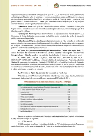 ○○○○○○
47
Relatório de Gestão Institucional 2003-2004 Ministério Público do Estado de Santa Catarina
organismostransgênicossemadevidarotulagem.ComapoiodoCCO,naelaboraçãodasiniciais,aPromotoria
daCapitalpropôs4(quatro)açõescivispúblicase1(um)acordojudicialemrelaçãoaosfabricantesinvestigados
em procedimento administrativo. Também foi proposta, com auxílio do Centro deApoio, 1 (uma) ação civil
pública contra o Governo do Estado e a CIDASC pela falta de fiscalização em plantações de soja, as quais
estariam utilizando sementes geneticamente modificadas.
3) Planos de Saúde: com apoio do CCO, na elaboração das iniciais, a Promotoria de Justiça da
Capital barrou o aumento excessivo nas mensalidades de dois planos de saúde, por meio da proposição de 2
(duas) ações civis públicas.
4) Transporte Público: por meio de apoio técnico na área de economia, prestado pelo CCO, a
Promotoria de Justiça da Capital promoveu ação civil pública contra o reajuste das tarifas do transporte
públicointegradodeFlorianópolis.
5) Produtos de Origem Animal (apreensões): a incineração de 472,5 toneladas de produtos de
origemanimalimprópriosaoconsumofoiefetuadapelosórgãospúblicosdefiscalizaçãonoprimeirosemestre
de 2004 (jan. a jul.). O resultado é fruto do trabalho desenvolvido pelo CCO, em parceria com esses órgãos
públicos e as Promotorias de Justiça do Consumidor.
6) Termo de Ajustamento celebrado pela Promotoria da Capital, com apoio do CCO,
com o Sindicato da Indústria da Construção Civil da Grande Florianópolis e as empresas
incorporadoras – cláusulas abusivas em contratos habitacionais: 45 empresas aderiram ao termo.
C) PROTOCOLO DE INTENÇÕES / TERMOS DE COOPERAÇÃO TÉCNICA -
PROGRAMA COMBUSTÍVEL LEGAL: o Ministério Público de Santa Catarina, o Procon/SC, o Instituto
NacionaldeMetrologia,NormalizaçãoeQualidade(INMETRO/SC)eoComitêSul-BrasileirodeQualidade
de Combustíveis firmaram o convênio para implementar atuação conjunta na área de aferição e fiscalização
da qualidade dos combustíveis no estado de Santa Catarina, com vistas à prevenção e repressão das infrações
à ordem econômica e às relações de consumo.
8.3.7 Centro de Apoio Operacional da Cidadania e Fundações
O Centro de Apoio Operacional da Cidadania e Fundações, como Órgão Auxiliar, realizou as
seguintes atividades no período compreendido entre setembro de 2003 e julho de 2004:
ATIVIDADESDOCENTRODEAPOIOOPERACIONALDACIDADANIAEFUNDAÇÕES
Espécie Set/03-Jul/04
Encaminhamento de material Legislativo, Doutrinário, Jurisprudencial
e outros referentes a esta Área de atuação 128
Atendimentos 1145
Trabalhos Elaborados 575
Visitas gerais realizadas 20
Vistorias a entidades asilares realizadas 24
Palestras proferidas 11
Seminários realizados 4
Participações em palestras, seminários, congressos e conferências 80
Participação em reuniões 215
Audiências públicas 5
Dentre as atividades realizadas pelo Centro de Apoio Operacional da Cidadania e Fundações
(CCF), merecem destaque as seguintes:
A) PROGRAMAS
O CCF, seguindo as políticas e prioridades definidas no PGA, instituiu os seguintes Programas,
possibilitando uma melhor atuação dos Órgãos de Execução na área da cidadania e fundações:
 