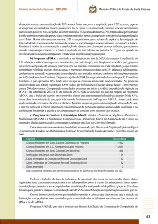 ○○○○○○
63
Relatório de Gestão Institucional 2003-2004 Ministério Público do Estado de Santa Catarina
alcançada a meta, com a realização de 567 exames. Neste ano, com a ampliação para 1.200 exames, espera-
seatingirnãosóametadessenúmero,maszerarafiladeespera.Eosnúmerosdoprimeirosemestredemonstram
queissoserápossível,pois,atéjulho,jáforamrealizadas732coletasdematerial.Noentanto,dadopreocupante
éonão-comparecimentodaspartes,oquecontinuamuitoalto,apesardaampliaçãoconsideráveldaregionalização
das coletas. Desses não-comparecimentos, 521 crianças/adolescentes autores de Ações de Investigação de
PaternidadenãotiveramseusdireitosreconhecidoseosrespectivosprocessoscontinuamemperrandoaJustiça.
Também é motivo de comemoração a ampliação do número dos chamados exames indiretos, que ocorrem
quando o suposto pai é morto, e a coleta é realizada em ascendentes ou parentes de 1o
grau, ou quando os
envolvidosnainvestigaçãoultrapassamotradicionaltrio(filho/mãe/supostopai).
b) Programa APÓIA: o resultado a ser festejado, no ano de 2003, diz respeito à localização de
230 crianças e adolescentes que se encontravam, por certo tempo, sem freqüentar a escola e que, graças a
um esforço conjugado de todos os parceiros, em sua maioria, retomaram sua vida estudantil, já que muitos
nemtinhamreferênciaescolar.Houve,ainda,oretornoaosbancosescolaresde6.334criançaseadolescentes,
quehaviamseausentadorecentementedaescolapelosmaisvariadosmotivos,conformeinformaçõesprestadas
por65%dosConselhosTutelares.Dejaneiroajulhode2004,foramprestadasInformaçõespor93Conselhos
Tutelares, o que representa 31%, tendo em vista que as remessas ainda estão sendo efetuadas. No primeiro
semestre deste ano, foram registrados 1.594 Avisos por Infreqüência Escolar, desses houve 1.366 retornos
contra 209 não-retornos. Comparando-se os dados existentes no início e no final do período de vigência do
PGA (1o
de setembro de 2003 a 31 de julho de 2004), pode-se concluir, no que diz respeito ao Programa
APOIA, que o índice de sucesso no retorno dos alunos que apresentaram infreqüência escolar foi de 85%,
numa clara demonstração de que, após três anos de funcionamento do ProgramaAPÓIA, a intervenção vem
sendorealizadacommaioreficiênciaeeficácia.TambémmereceregistroadiminuiçãodonúmerodeAvisos,
o que por certo está a refletir uma maior conscientização da população quanto à necessidade da criança e do
adolescente freqüentar a escola e nela permanecer até concluir com sucesso seus estudos.
c) Programa de combate à desnutrição infantil: criados o Sistema de Vigilância Alimentar e
Nutricional (SISVAN) e a Notificação Compulsória da Desnutrição Grave em Crianças de até 5 anos, os
resultados abaixo demonstrados começaram a aparecer em face do Convênio firmado.
EstessãoosnúmerosconstantesdorelatórioapresentadopelaDiretoriadeVigilânciaEpidemiológica
- Coordenação Estadual de Alimentação e Nutrição da Secretaria de Estado da Saúde - referentes ao ano de
2003:
Espécie Quantidade
Crianças Residentes em Santa Catarina Cadastradas no Programa 97402
Crianças Residentes em S. C. Acompanhadas pelo Programa 82084
Crianças Residentes em Santa Catarina Com Baixo Peso 1985
Notificações de Crianças com Desnutrição Grave 64
Casos Investigados de Crianças com Possível Desnutrição Grave 62
Casos Confirmados de Crianças com Possível Desnutrição Grave 42
Óbitos informados 3
Obs: os números referentes aos primeiros meses do ano de 2004 ainda não foram fornecidos pela SES.
Embora o trabalho da área da infância e da juventude não possa ser mensurado, alguns dados
registrados neste documento remetem-nos a um saldo positivo, como é o caso das crianças com baixo peso e
desnutrição que passaram a ser acompanhadas e assistidas pelos serviços de saúde pública, graças ao Convênio
firmado para garantir a criação e a manutenção do SISVAN e da notificação compulsória para os casos graves.
Outros dados estatísticos em que o trabalho permitiu a coleta e que demonstram que a atuação da
Instituição tem produzido bons resultados para a sociedade são os relativos aos números dos exames de
DNA e os do APÓIA.
Programa APOMT, que visa a instituir um Sistema Unificado de Comunicação Compulsória de
 