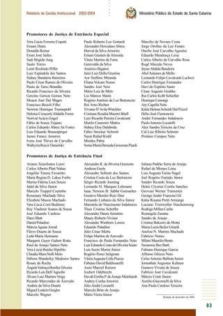 ○○○○○○
83
Relatório de Gestão Institucional 2003-2004 Ministério Público do Estado de Santa Catarina
Vera Lúcia Ferreira Copetti
Ernani Dutra
Donaldo Reiner
Eroni José Salles
Sadi Brígido Jung
Saulo Torres
Lenir Roslindo Piffer
Luiz Espíndola dos Santos
Sidney Bandarra Barreiros
Paulo Cézar Ramos de Oliveira
Paulo de Tarso Brandão
Ricardo Francisco da Silveira
Gercino Gerson Gomes Neto
Moacir José Dal Magro
Francisco Bissoli Filho
Newton Henrique Trennepohl
Heloísa Crescenti Abdalla Freire
NorivalAcácio Engel
Fábio de Souza Trajano
Carlos Eduardo Abreu Sá Fortes
Luiz Eduardo Braunsperger
James Faraco Amorim
Ivens José Thives de Carvalho
WalkyriaRuicirDanielski
Promotores de Justiça de Entrância Especial
Promotores de Justiça de Entrância Final
Aristeu Xenofontes Lenzi
Carlos Alberto Platt Nahas
Jorgelita Tonera Favaretto
Maria Regina D. Lakus Forlin
Marisa Fátima Lara Souza
Jádel da Silva Júnior
Marcelo Truppel Coutinho
Rosemary Machado Silva
Elizabete Mason Machado
Vera Lúcia Coró Bedinoto
Ruy Vladimir Soares de Sousa
José Eduardo Cardoso
DarciBlatt
DanielPaladino
MárciaAguiarArend
Flávio Duarte de Souza
Leda Maria Hermann
Margaret Gayer Gubert Rotta
Raul de Araujo Santos Neto
VeraLúciaButzkeHipólito
CláudiaMaraNolliMelo
Débora Wanderley Medeiros Santos
Rosan da Rocha
ÂngelaValençaBordiniSilveira
RicardoLuisDell’Agnollo
Álvaro Luiz MartinsVeiga
Ricardo Marcondes de Azevedo
Andréa da Silva Duarte
MiguelLotárioGnigler
Marcelo Wegner
Paulo Roberto Luz Gottardi
Alexandre HerculanoAbreu
Durval da SilvaAmorim
Ernani Guetten deAlmeida
Vânio Martins de Faria
Genivaldo da Silva
AméricoBigaton
Janir Luiz Della Giustina
Aor Steffens Miranda
Eliana Volcato Nunes
Sandro José Neis
Mário Luiz de Melo
Lio Marcos Marin
RogérioAntônio da Luz Bertoncini
Rui Arno Richter
VivianeD’AvilaWinckler
CristianeRosáliaMaestriBöell
Luiz Ricardo Pereira Cavalcanti
Murilo Casemiro Mattos
Sidney Eloy Dalabrida
Fábio Strecker Schmitt
Neori Rafael Krahl
Monika Pabst
SoniaMariaDemedaGroismanPiardi
Marcílio de Novaes Costa
Jorge Orofino da Luz Fontes
Onofre José Carvalho Agostini
Eduardo Mendonça Lima
Carlos Alberto de Carvalho Rosa
Rogê Macedo Neves
JayneAbdala Bandeira
AbelAntunes de Mello
Leonardo Felipe Cavalcanti Luchezi
Carlos Henrique Fernandes
Davi do Espírito Santo
César Augusto Grubba
Rui Carlos Kolb Schiefler
HenriqueLimongi
Ary Capella Neto
Kátia Helena Scheidt Dal Pizzol
Hélio José Fiamoncini
André Fernandes Indalencio
PauloAntonioLocatelli
Alex Sandro Teixeira da Cruz
Cid Luiz Ribeiro Schmitz
Protásio Campos Neto
Alexandre R. de 0liveira Graziotin
AndreasEisele
Alexandre Schmitt dos Santos
Cristina Costa da Luz Bertoncini
Sérgio Ricardo Joesting
Leonardo H. Marques Lehmann
Isaac Newton B. Sabbá Guimarães
Gustavo Mereles Ruiz Diaz
Fernando Linhares da Silva Júnior
Maristela do Nascimento Indalencio
Thais Cristina Scheffer
Alexandre Daura Serratine
Maury Roberto Viviani
Alexandre Wiethorn Lemos
Eduardo Paladino
Júlio César Mafra
Felipe Martins deAzevedo
Francisco de Paula Fernandes Neto
LuisEduardoCoutodeOliveiraSouto
Luis Suzin Marini Júnior
Rogério Ponzi Seligman
VâniaAugustaCellaPiazza
FabianoDavidBaldissarelli
Assis Marciel Kretzer
Joubert Odebrecht
HavahEmíliaP.deAraujoMainhardt
Andrey CunhaAmorim
JúlioAndréLocatelli
Marcelo Brito deAraújo
MárioVieira Júnior
Juliana Padrão Serra de Araújo
Rafael de Moraes Lima
Luiz Augusto Farias Nagel
Joel Rogério Furtado Júnior
Sandro Ricardo Souza
Helen Crystine Corrêa Sanches
Geovani Werner Tramontin
George André Franzoni Gil
Kátia Rosana Pretti Armange
Luciano Trierweiller Naschenweng
RodrigoMillenCarlin
Rosangela Zanatta
Sandro de Araujo
Cristina Balceiro da Motta
MariaLuziaBeilerGirardi
Anelize N. Martins Machado
Fabrício Nunes
MilaniMaurilioBento
Nazareno Bez Batti
Fabiano Henrique Garcia
Affonso Ghizzo Neto
CelsoAntonio Ballista Junior
Jonnathan Augustus Kuhnen
Gustavo Viviani de Souza
Fabrício José Cavalcanti
Márcio Conti Júnior
AurélioGiacomellidaSilva
Ana Paula Cardoso Teixeira
Relação de dezembro de 2004
 