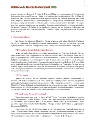Relatório de Gestão Institucional 2006 11
e nove bolsistas, sendo seis de 3º e oito de 2º graus, 181 cargos comissionados de Assistente de
Promotoria, dentro dos 276 cargos criados pela Lei Complementar Estadual n. 276, de 27 de de-
zembro de 2004, os quais estão distribuídos eqüitativamente nos diversos gabinetes. As Promo-
torias de Justiça de mais elevada entrância (especial e final) contam com servidores efetivos ou
contratados temporariamente, os primeiros, para serviços administrativos do órgão, e os segun-
dos, para serviços regulares de manutenção e limpeza e, eventualmente, apoio administrativo.
Os demais Promotores de Justiça são auxiliados, no máximo, por um Assistente de Promotoria e
por dois Estagiários da 5ª fase em diante dos Cursos de Direito, que prestam serviços de quatro
horas diárias.
9 Órgãos Auxiliares
São Órgãos Auxiliares do Ministério Público a Secretaria-Geral do Ministério Público, a
Ouvidoria, os Centros de Apoio Operacional, a Comissão de Concurso, o Centro de Estudos e
Aperfeiçoamento Funcional, os Órgãos de Apoio Técnico e Administrativo e os Estagiários.
9.1 Secretaria-Geral do Ministério Público
À Secretaria-Geral do Ministério Público, exercida por um Promotor de Justiça da mais
elevada entrância, cabe a responsabilidade da supervisão e direção dos serviços afetos aos ór-
gãos de apoio técnico e administrativo do Ministério Público. O Secretário-Geral do Ministério
Público é auxiliado nas suas tarefas por um total de cinco servidores efetivos, sendo um deles
comissionado, quatro funcionários contratados temporariamente e um bolsista de 3º grau. Cabe
ao Secretário-Geral, além do exercício de atribuições delegadas pelo Procurador-Geral de Justiça,
elaborar a proposta orçamentária; autorizar adiantamentos de despesa; firmar contratos; geren-
ciar a execução orçamentária; e conduzir os processos disciplinares e sindicâncias de servidores,
entre as mais relevantes.
9.2 Ouvidoria
A Ouvidoria, exercida por um Procurador de Justiça, foi criada pela Lei Complementar Es-
tadual n. 298, de 4 de outubro de 2005, com o objetivo de contribuir para a melhoria dos padrões
de transparência e presteza das atividades desenvolvidas pelos órgãos, membros e servidores do
Ministério Público do Estado de Santa Catarina. Sua criação decorreu de exigência da Emenda
Constitucional n. 45/2004, também conhecida como Reforma do Judiciário. O Ouvidor é auxilia-
do, nas suas tarefas, por dois servidores efetivos e um servidor comissionado.
9.3 Centros de Apoio Operacional
Foram instituídos, por meio do Ato n. 48/MP/03, os Centros de Apoio Operacional no
âmbito do Ministério Público de Santa Catarina, como órgãos auxiliares, vinculados ao Gabinete
do Procurador-Geral de Justiça. Em 2005, por meio do Ato n. 134/PGJ, foi instituído o Centro
de Apoio Operacional Cível e Eleitoral (CCE) e o Grupo Estadual de Combate às Organizações
Criminosas (GECOC).
Exercem funções nos referidos Centros de Apoio Operacional sete Procuradores de Justiça,
como Coordenadores-Gerais, e nove Promotores de Justiça, como Coordenadores, os quais são
auxiliados nas suas tarefas por 35 servidores efetivos, 18 servidores comissionados, nove funcio-
nários contratados temporariamente, 24 estagiários e 14 bolsistas de 2o
e 3o
graus.
 