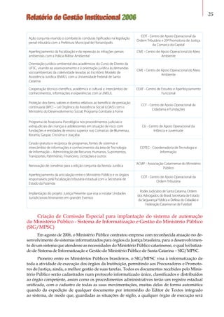 Relatório de Gestão Institucional 2006 25
Ação conjunta visando o combate às condutas tipificadas na legislação
penal tributária com a Prefeitura Municipal de Florianópolis
COT - Centro de Apoio Operacional da
Ordem Tributária e 20ª Promotoria de Justiça
da Comarca da Capital
Aperfeiçoamento da fiscalização e da repressão às infrações penais
ambientais com a Polícia Militar Ambiental
CME - Centro de Apoio Operacional do Meio
Ambiente
Orientação jurídico-ambiental dos acadêmicos do Curso de Direito da
UFSC, visando ao assessoramento e à orientação jurídica às demandas
socioambientais da coletividade levadas ao Escritório Modelo de
Assistência Jurídica (EMAJ), com a Universidade Federal de Santa
Catarina
CME - Centro de Apoio Operacional do Meio
Ambiente
Cooperação técnico-científica, acadêmica e cultural e intercâmbio de
conhecimentos, informações e experiências com a UNISUL
CEAF - Centro de Estudos e Aperfeiçoamento
Funcional
Proteção dos bens, valores e direitos relativos ao benefício de prestação
continuada (BPC) – Lei Orgânica da Assistência Social (LOAS) com o
Ministério do Desenvolvimento Social, Programa Combate à Fome
CCF - Centro de Apoio Operacional da
Cidadania e Fundações
Programa de Assessoria Psicológica nos procedimentos judiciais e
extrajudiciais de crianças e adolescentes em situação de risco com
fundações e entidades de ensino superior nas Comarcas de Blumenau,
Ibirama, Gaspar, Criciúma e Joaçaba.
CIJ - Centro de Apoio Operacional da
Infância e Juventude
Cessão gratuita e recíproca de programas, fontes de sistemas e
intercâmbio de informações e conhecimentos da área de Tecnologia
de Informação – Administração de Recursos Humanos, Suprimentos,
Transportes, Patrimônio, Financeiro, Licitações e outros
COTEC - Coordenadoria de Tecnologia e
Informação
Renovação de convênio para a edição conjunta da Revista Jurídica
ACMP - Associação Catarinense do Ministério
Público
Aperfeiçoamento da articulação entre o Ministério Público e os órgãos
responsáveis pela fiscalização tributária estadual com a Secretaria de
Estado da Fazenda
COT - Centro de Apoio Operacional da
Ordem Tributária
Implantação do projeto Justiça Presente que visa a instalar Unidades
Jurisdicionais Itinerantes em grandes Eventos
Poder Judiciário de Santa Catarina, Ordem
dos Advogados do Brasil, Secretaria de Estado
da Segurança Pública e Defesa do Cidadão e
Federação Catarinense de Futebol
Criação de Comissão Especial para implantação do sistema de automação
do Ministério Público - Sistema de Informatização e Gestão do Ministério Público
(SIG/MPSC)
Em agosto de 2006, o Ministério Público contratou empresa com reconhecida atuação no de-
senvolvimento de sistemas informatizados para órgãos da Justiça brasileira, para o desenvolvimen-
to de um sistema que atendesse as necessidades do Ministério Público catarinense, o qual foi batiza-
do de Sistema de Informatização e Gestão do Ministério Público de Santa Catarina – SIG/MPSC.
Pioneiro entre os Ministérios Públicos brasileiros, o SIG/MPSC visa à informatização de
toda a atividade de execução dos órgãos da Instituição, permitindo aos Procuradores e Promoto-
res de Justiça, ainda, a melhor gestão de suas tarefas. Todos os documentos recebidos pelo Minis-
tério Público serão cadastrados num protocolo informatizado único, classificados e distribuídos
ao órgão competente, assim como os procedimentos administrativos terão um registro estadual
unificado, com o cadastro de todas as suas movimentações, muitas delas de forma automática
quando da expedição de qualquer documento por intermédio do Editor de Textos integrado
ao sistema, de modo que, guardadas as situações de sigilo, a qualquer órgão de execução será
 