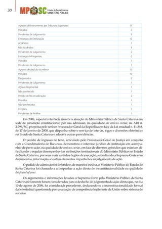 Estado de Santa Catarina
MINISTÉRIO PÚBLICO
30
Agravos de Instrumento aos Tribunais Superiores 11
Providos 2
Pendentes de Julgamento 9
Embargos de Declaração 12
Acolhidos 1
Não Acolhidos 9
Pendentes de Julgamento 2
Embargos Infringentes 2
Providos 1
Pendentes de Julgamento 1
Agravos de decisão do relator 15
Providos 12
Desprovidos 2
Pendentes de Julgamento 1
Agravo Regimental 1
Não conhecido 1
Pedido de Reconsideração 2
Providos 1
Não conhecidos 1
Petições 1
Pendentes de Análise 1
Em 2006, especial referência merece a atuação do Ministério Público de Santa Catarina em
sede de jurisdição constitucional, por sua admissão, na qualidade de amicus curiae, na ADI n.
2.996/SC, proposta pelo senhor Procurador-Geral da República em face da Lei estadual n. 11.348,
de 17 de janeiro de 2000, que dispunha sobre o serviço de loterias, jogos e diversões eletrônicas
no Estado de Santa Catarina e adotava outras providências.
O pedido de ingresso no feito, articulado pelo Procurador-Geral de Justiça em conjunto
com a Coordenadoria de Recursos, demonstrou o interesse jurídico da instituição em acompa-
nhar de perto ação, na qualidade de amicus curiae, em face de diversos episódios que estariam di-
ficultando o regular desempenho das atribuições institucionais do Ministério Público no Estado
de Santa Catarina, por seus mais variados órgãos de execução, subsidiando a Suprema Corte com
documentos, informações e outros elementos importantes ao julgamento da ação.
O pedido de admissão foi deferido e, de maneira inédita, o Ministério Público do Estado de
Santa Catarina foi chamado a acompanhar a ação direta de inconstitucionalidade na qualidade
de friend of cour.
Os argumentos e informações levados à Suprema Corte pelo Ministério Público de Santa
Catarina felizmente foram considerados para o desfecho do julgamento da ação direta que, no dia
10 de agosto de 2006, foi considerada procedente, declarando-se a inconstitucionalidade formal
da lei estadual questionada por usurpação de competência legiferante da União sobre sistema de
sorteios.
 