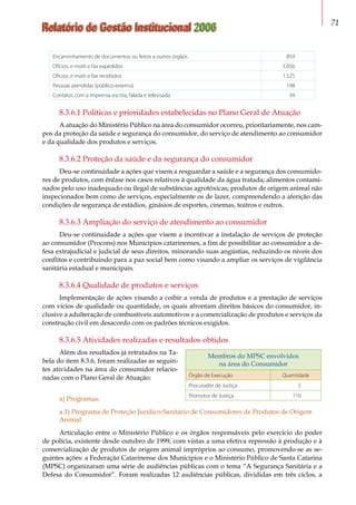 Relatório de Gestão Institucional 2006 71
Encaminhamento de documentos ou feitos a outros órgãos 859
Ofícios, e-mails e fax expedidos 5.056
Ofícios, e-mails e fax recebidos 1.525
Pessoas atendidas (público externo) 198
Contatos com a imprensa escrita, falada e televisada 34
8.3.6.1 Políticas e prioridades estabelecidas no Plano Geral de Atuação
A atuação do Ministério Público na área do consumidor ocorreu, prioritariamente, nos cam-
pos da proteção da saúde e segurança do consumidor, do serviço de atendimento ao consumidor
e da qualidade dos produtos e serviços.
8.3.6.2 Proteção da saúde e da segurança do consumidor
Deu-se continuidade a ações que visem a resguardar a saúde e a segurança dos consumido-
res de produtos, com ênfase nos casos relativos à qualidade da água tratada; alimentos contami-
nados pelo uso inadequado ou ilegal de substâncias agrotóxicas; produtos de origem animal não
inspecionados bem como de serviços, especialmente os de lazer, compreendendo a aferição das
condições de segurança de estádios, ginásios de esportes, cinemas, teatros e outros.
8.3.6.3 Ampliação do serviço de atendimento ao consumidor
Deu-se continuidade a ações que visem a incentivar a instalação de serviços de proteção
ao consumidor (Procons) nos Municípios catarinenses, a fim de possibilitar ao consumidor a de-
fesa extrajudicial e judicial de seus direitos, minorando suas angústias, reduzindo os níveis dos
conflitos e contribuindo para a paz social bem como visando a ampliar os serviços de vigilância
sanitária estadual e municipais.
8.3.6.4 Qualidade de produtos e serviços
Implementação de ações visando a coibir a venda de produtos e a prestação de serviços
com vícios de qualidade ou quantidade, os quais afrontam direitos básicos do consumidor, in-
clusive a adulteração de combustíveis automotivos e a comercialização de produtos e serviços da
construção civil em desacordo com os padrões técnicos exigidos.
8.3.6.5 Atividades realizadas e resultados obtidos
Além dos resultados já retratados na Ta-
bela do item 8.3.6, foram realizadas as seguin-
tes atividades na área do consumidor relacio-
nadas com o Plano Geral de Atuação:
a) Programas:
a.1) Programa de Proteção Jurídico-Sanitário de Consumidores de Produtos de Origem
Animal
Articulação entre o Ministério Público e os órgãos responsáveis pelo exercício do poder
de polícia, existente desde outubro de 1999, com vistas a uma efetiva repressão à produção e à
comercialização de produtos de origem animal impróprios ao consumo, promovendo-se as se-
guintes ações: a Federação Catarinense dos Municípios e o Ministério Público de Santa Catarina
(MPSC) organizaram uma série de audiências públicas com o tema “A Segurança Sanitária e a
Defesa do Consumidor”. Foram realizadas 12 audiências públicas, divididas em três ciclos, a
Membros do MPSC envolvidos
na área do Consumidor
Órgão de Execução Quantidade
Procurador de Justiça 5
Promotor de Justiça 110
 