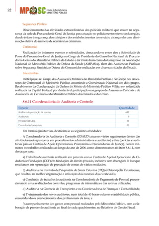 Estado de Santa Catarina
MINISTÉRIO PÚBLICO
92
Segurança Pública
Direcionamento das atividades extraordinárias dos policiais militares que atuam na segu-
rança da sede da Procuradoria-Geral de Justiça para atuação no policiamento ostensivo da região,
dando ênfase à segurança dos colégios e dos estabelecimentos comerciais, alcançando uma dimi-
nuição efetiva do número de ocorrências criminais.
Cerimonial
Realização de inúmeros eventos e solenidades, destacando-se entre eles a Solenidade de
Posse do Procurador-Geral de Justiça no Cargo de Presidente do Conselho Nacional de Procura-
dores-Gerais do Ministério Público do Estado e da União bem como do Congresso da Associação
Nacional do Ministério Público de Defesa da Saúde (AMPASA), além das Audiências Públicas
sobre Segurança Sanitária e Defesa do Consumidor realizadas em diversas cidades do Estado.
Intercâmbio
Participação no Grupo dos Assessores Militares do Ministério Público e no Grupo dos Asses-
sores de Cerimonial do Ministério Público, assumindo a Coordenação Nacional dos dois grupos.
Recebimento da Condecoração da Ordem do Mérito do Ministério Público Militar em solenidade
realizada na Capital Federal, por destacável participação nos grupos de Assessores Policiais e de
Assessores de Cerimonial do Ministério Público dos Estados e da União.
8.6.11 Coordenadoria de Auditoria e Controle
Espécie Quantidade
Análises de prestação de contas 645
Auditorias 9
Perícias/cálculos 88
Consultorias/pesquisas 62
Em termos qualitativos, destacam-se as seguintes atividades:
A Coordenadoria de Auditoria e Controle (COAUD) atua em vários seguimentos dentro das
atividades-meio (pareceres em procedimentos administrativos e auditorias) e fim (perícias e audi-
torias para os Centros de Apoio Operacionais, Promotorias e Procuradorias de Justiça). Foram inú-
meros os trabalhos realizados ao longo do ano de 2006, como demonstramos no item 8.6.11, com
destaque para:
a) Trabalho de auditoria realizado em parceria com o Centro de Apoio Operacional da Ci-
dadania e Fundações (CCF) em fundações de direito privado, inclusive com checagens in loco que
resultaram em reprovação de prestação de contas de várias entidades;
b) Auditoria no Instituto de Psiquiatria de Santa Catarina (IPQ) e Orionópolis Catarinense,
que resultou na melhor organização e utilização dos recursos dos curatelados;
c) Conclusão do trabalho de auditoria na Coordenadoria de Pagamento de Pessoal, propor-
cionando uma avaliação dos controles, programas de informática e das rotinas utilizadas;
d) Auditoria na Gerência de Transportes e na Coordenadoria de Finanças e Contabilidade;
e) Treinamento dos novos auditores, num total de 40 horas-aula em contabilidade pública,
consolidando os conhecimentos dos profissionais da área; e
f) acompanhamento dos gastos com pessoal realizados pelo Ministério Público, com a ela-
boração de parecer de auditoria ao final de cada quadrimestre, no Relatório de Gestão Fiscal.
 