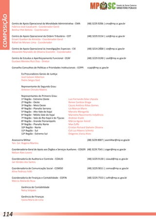 Estado de Santa Catarina
MINISTÉRIO PÚBLICO
Centro de Apoio Operacional da Moralidade Administrativa - CMA	 (48) 3229.9206 | cma@mp.sc.gov.br
Fabrício José Cavalcanti - Coordenador-Geral
Benhur Poti Betiolo - Coordenador
Centro de Apoio Operacional da Ordem Tributária - COT		 (48) 3229.9154 | cot@mp.sc.gov.br
Ernani Guetten de Almeida - Coordenador-Geral
Rafael de Moraes Lima - Coordenador
Centro de Apoio Operacional às Investigações Especiais - CIE		 (48) 3214.2000 | cie@mp.sc.gov.br
Alexandre Reynaldo de Oliveira Graziotin - Coordenador
Centro de Estudos e Aperfeiçoamento Funcional - CEAF		 (48) 3229.9190 | ceaf@mp.sc.gov.br
Gustavo Mereles Ruiz Diaz - Diretor
Conselho Consultivo de Políticas e Prioridades Institucionais - CCPPI	 ccppi@mp.sc.gov.br
	 Ex-Procuradores-Gerais de Justiça:
	 José Galvani Alberton
	 Pedro Sérgio Steil
	 Representante do Segundo Grau:
	 Antenor Chinato Ribeiro
	 Representantes do Primeiro Grau:
	 1ª Região - Extremo Oeste			 Luiz Fernando Góes Ulysséa
	 2ª Região - Oeste				 Renee Cardoso Braga
	 3ª Região - Meio Oeste			 Cássio Antônio Ribas Gomes
	 4ª Região - Planalto Serrano		 Lio Marcos Marin
	 5ª Região - Alto Vale do Itajaí		 Marcelo Mengarda
	 6ª Região - Médio Vale do Itajaí	 	 Maristela Nascimento Indalêncio
	 7ª Região - Vale do Rio Itajaí e do Tijucas	 Andreas Eisele
	 8ª Região - Grande Florianópolis		 Márcia Aguiar Arend
	 9ª Região - Planalto Norte			 Max Zuffo
	 10ª Região - Norte			 Cristian Richard Stahelin Oliveira
	 11ª Região - Sul				 Cid Luiz Ribeiro Schmitz
	 12ª Região - Extremo Sul			 Diógenes Viana Alves
Assessoria Militar							 (48) 3229.9007 | assmilitar@mp.sc.gov.br
Ten. Cel. Rogério Martins
Coordenadoria-Geral de Apoio aos Órgãos e Serviços Auxiliares - COGER (48) 3229.7541 | coger@mp.sc.gov.br
Nelson Alex Lorenz
Coordenadoria de Auditoria e Controle - COAUD			 (48) 3229.9130 | coaud@mp.sc.gov.br
Jair Alcides dos Santos
Coordenadoria de Comunicação Social - COMSO			 (48) 3229.9011 | comso@mp.sc.gov.br
Aline Pedroso Felkl
Coordenadoria de Finanças e Contabilidade - COFIN			 (48) 3229.7553 | cofin@mp.sc.gov.br
Márcio Abelardo Rosa
	 Gerência de Contabilidade
	 Nelcy Volpato
	 Gerência de Finanças
	 Ivania Maria de Lima
COMPOSIÇÃO
114
 