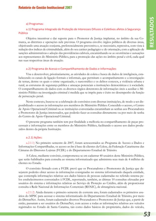Relatório de Gestão Institucional 2007
a) Programas:
a.1) Programa Integrado de Proteção de Interesses Difusos e Coletivos afetos à Segurança
Pública
Objetiva incentivar e dar suporte para o Promotor de Justiça implantar, no âmbito da sua Co-
marca, as diretrizes e operações nele previstas. O programa envolve órgãos públicos de diversas áreas,
objetivando uma atuação conjunta, preferencialmente preventiva e, se necessário, repressiva, com vista à
redução dos índices de criminalidade, além do seu caráter pedagógico e de orientação, com a aplicação de
sanções administrativas e adoção das providências cabíveis, encaminhando-se as ocorrências e autuações
aos representantes do Ministério Público, para a promoção das ações no âmbito penal e civil, cada qual
nas suas respectivas áreas de atuação.
a.2) Programa de Acesso e Compartilhamento de Dados e Informações
Visa a desenvolver, prioritariamente, as atividades de coleta e busca de dados de inteligência, esta-
belecendo os canais de ligação formais e informais, que permitam o acompanhamento e a investigação
de temas, dentre os quais o crime organizado, o narcotráfico e os delitos conexos, a violência urbana e
rural, as estruturas de segurança pública e ameaças potenciais a instituições democráticas e à sociedade.
O compartilhamento de dados com os diversos órgãos detentores de informações úteis a auxiliar o Mi-
nistério Público na investigação criminal é medida que se impõe para o êxito no desempenho da função
de persecução penal.
Neste contexto, buscou-se a celebração de convênios com diversas instituições, de modo a ser dis-
ponibilizado o acesso às informações aos membros do Ministério Público. Concedido o acesso, o Centro
de Apoio Operacional Criminal ou as instituições conveniadas encaminham as senhas aos Procuradores
e Promotores de Justiça interessados, que poderão fazer as consultas diretamente ou por meio de senha
do Centro de Apoio Operacional Criminal.
O presente programa também tem por finalidade a melhoria no compartilhamento de peças pro-
cessuais e informações entre os membros do Ministério Público, facilitando o acesso aos dados produ-
zidos dentro da própria Instituição.
a.2.1) Ações:
a.2.1.1) No primeiro semestre de 2007, foram acrescentados ao Programa de Acesso a Dados e
Informações Compartilhadas, os acesso on line à base de clientes da Celesc, da Federação Catarinense das
Câmaras do Diretores Lojistas (FCDL) e do Departamento Estadual de Trânsito.
A Celesc, mediante convênio, comprometeu-se em cadastrar 40 usuários deste Ministério Público,
que serão habilitados para consulta ao sistema informatizado que administra seus mais de 4 milhões de
clientes no Estado.
O convênio firmado com a FCDL prevê que os Procuradores e Promotores de Justiça que de-
sejarem poderão obter acesso às informações consignadas no sistema informatizado daquela entidade,
que contempla informações relativas aos dados básicos de pessoas cadastradas no referido sistema pe-
los estabelecimentos conveniados à FCDL, reportando, também, as últimas 10 consultas efetuadas por
usuários do sistema e informações relativas ao Serviço de Proteção ao Crédito, além de proporcionar
consulta à Rede Nacional de Informações Comerciais (RENIC), de abrangência nacional.
a.2.1.2) Ainda durante o primeiro semestre do corrente ano, foram cadastrados os primeiros usu-
ários do MPSC para acessar o sistema informatizado do Departamento Estadual de Trânsito, por meio
do DetranNet. Assim, foram cadastrados diversos Procuradores e Promotores de Justiça que, a partir de
então, passaram a ser usuários do DetranNet, com acesso a todas as informações relativas aos veículos
registrados no Estado de Santa Catarina, tais como dados básicos do proprietário, dados do veículo,
RESULTADOS
53
 