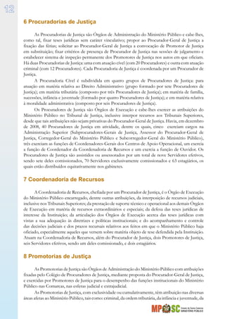 Estado de Santa Catarina
MINISTÉRIO PÚBLICO
12
6 Procuradorias de Justiça
As Procuradorias de Justiça são Órgãos de Administração do Ministério Público e cabe-lhes,
como tal, fixar teses jurídicas sem caráter vinculativo; propor ao Procurador-Geral de Justiça a
fixação das férias; solicitar ao Procurador-Geral de Justiça a convocação de Promotor de Justiça
em substituição; fixar critérios de presença de Procurador de Justiça nas sessões de julgamento e
estabelecer sistema de inspeção permanente dos Promotores de Justiça nos autos em que oficiam.
Há duas Procuradorias de Justiça: uma com atuação cível (com 20 Procuradores) e outra com atuação
criminal (com 12 Procuradores). Cada Procuradoria de Justiça é coordenada por um Procurador de
Justiça.
A Procuradoria Cível é subdividida em quatro grupos de Procuradores de Justiça: para
atuação em matéria relativa ao Direito Administrativo (grupo formado por sete Procuradores de
Justiça); em matéria tributária (composto por três Procuradores de Justiça); em matéria de família,
sucessões, infância e juventude (formado por quatro Procuradores de Justiça); e em matéria relativa
à moralidade administrativa (composto por seis Procuradores de Justiça).
Os Procuradores de Justiça são Órgãos de Execução e cabe-lhes exercer as atribuições do
Ministério Público no Tribunal de Justiça, inclusive interpor recursos aos Tribunais Superiores,
desde que tais atribuições não sejam privativas do Procurador-Geral de Justiça. Havia, em dezembro
de 2008, 40 Procuradores de Justiça em atividade, dentre os quais, cinco exerciam cargos na
Administração Superior (Subprocuradores-Gerais de Justiça, Assessor do Procurador-Geral de
Justiça, Corregedor-Geral do Ministério Público e Subcorregedor-Geral do Ministério Público),
três exerciam as funções de Coordenadores-Gerais dos Centros de Apoio Operacional, um exercia
a função de Coordenador da Coordenadoria de Recursos e um exercia a função de Ouvidor. Os
Procuradores de Justiça são assistidos ou assessorados por um total de nove Servidores efetivos,
sendo sete deles comissionados, 70 Servidores exclusivamente comissionados e 63 estagiários, os
quais estão distribuídos equitativamente nos gabinetes.
7 Coordenadoria de Recursos
A Coordenadoria de Recursos, chefiada por um Procurador de Justiça, é o Órgão de Execução
do Ministério Público encarregado, dentre outras atribuições, da interposição de recursos judiciais,
inclusive nos Tribunais Superiores; da prestação de suporte técnico e operacional aos demais Órgãos
de Execução em matéria de recursos extraordinários e especiais; da defesa das teses jurídicas de
interesse da Instituição; da articulação dos Órgãos de Execução acerca das teses jurídicas com
vistas a sua adequação às diretrizes e políticas institucionais; e do acompanhamento e controle
das decisões judiciais e dos prazos recursais relativos aos feitos em que o Ministério Público haja
oficiado, especialmente aqueles que versem sobre matéria objeto de tese defendida pela Instituição.
Atuam na Coordenadoria de Recursos, além do Procurador de Justiça, dois Promotores de Justiça,
seis Servidores efetivos, sendo um deles comissionado, e dois estagiários.
8 Promotorias de Justiça
As Promotorias de Justiça são Órgãos de Administração do Ministério Público com atribuições
fixadas pelo Colégio de Procuradores de Justiça, mediante proposta do Procurador-Geral de Justiça,
e exercidas por Promotores de Justiça para o desempenho das funções institucionais do Ministério
Público nas Comarcas, nas esferas judicial e extrajudicial.
As Promotorias de Justiça, com exclusividade ou cumulativamente, têm atribuição nas diversas
áreas afetas ao Ministério Público, tais como: criminal, da ordem tributária, da infância e juventude, da
 