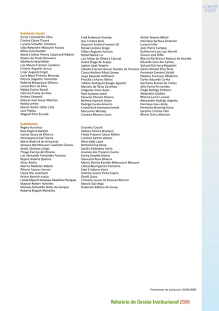 Relatório de Gestão Institucional 2008
137
Entrância Inicial
Victor Emendörfer Filho
Cristina Elaine Thomé
Luciana Schaefer Filomeno
João Alexandre Massulini Acosta
Nilton Exterkoetter
Maria Cristina Pereira Cavalcanti Ribeiro
Silvana do Prado Brouwers
Adalberto Exterkötter
Luiz Mauro Franzoni Cordeiro
Cristine Angulski da Luz
Cesar Augusto Engel
Carla Mara Pinheiro Miranda
Patricia Dagostin Tramontin
Roberta Mesquita e Oliveira
Lenice Born da Silva
Nádea Clarice Bissoli
Fabrício Franke da Silva
Andrea Gevaerd
Gláucio José Souza Alberton
Nataly Lemke
Marcio André Zattar Cota
Lara Peplau
Wagner Pires Kuroda
Fred Anderson Vicente
Ana Cristina Boni
Giovanni Andrei Franzoni Gil
Renee Cardoso Braga
Cléber Augusto Hanisch
Rafael Meira Luz
Luis Felipe de Oliveira Czesnat
André Braga de Araújo
Jadson Javel Teixeira
Cláudio Everson Gesser Guedes da Fonseca
Cássio Antônio Ribas Gomes
Jorge Eduardo Hoffmann
Priscilla Linhares Albino
Tatiana Rodrigues Borges Agostini
Marcelo de Tarso Zanellato
Diógenes Viana Alves
Raul Gustavo Juttel
Eduardo Chinato Ribeiro
Belmiro Hanisch Júnior
Rodrigo Cunha Amorim
Ernest Kurt Hammerschmidt
Marcionei Mendes
Caroline Moreira Suzin
André Teixeira Milioli
Henrique da Rosa Ziesemer
Luciana Uller
Jean Pierre Campos
Guilherme Luis Lutz Morelli
Glauco José Riffel
Marcio Rio Branco Nabuco de Gouvêa
Eduardo Sens dos Santos
Samuel Dal-Farra Naspolini
Carlos Renato Silvy Teive
Fernanda Crevanzi Vailati
Fabiano Francisco Medeiros
Carlos Eduardo Cunha
Germano Krause de Freitas
Júlio Fumo Fernandes
Diego Rodrigo Pinheiro
Alexandre Estefani
Mônica Lerch Lunardi
Alessandro Rodrigo Argenta
Henrique Laus Aieta
Fernanda Broering Dutra
Caroline Cristine Eller
Mirela Dutra Alberton
Substitutos
Regina Kurschus
Raul Rogério Rabello
Ivanize Souza de Oliveira
Henriqueta Scharf Vieira
Mário Waltrick do Amarante
Vanessa Wendhausen Cavallazzi Gomes
Analú Librelato Longo
Thiago Carriço de Oliveira
Luiz Fernando Fernandes Pacheco
Rejane Gularte Queiroz
Alceu Rocha
Marina Modesto Rebelo
Tehane Tavares Fenner
Elaine Rita Auerbach
Arthur Koerich Inacio
LarissaMayumiKarazawaTakashimaOuriques
Maycon Robert Hammes
Marcelo Sebastião Netto de Campos
Roberta Magioli Meirelles
Promotores de Justiça em 15/06/2009
Graziella Casaril
Débora Pereira Nicolazzi
Felipe Prazeres Salum Müller
Caroline Sartori Velloso
Aline Dalle Laste
Barbara Elisa Heise
Sandra Faitlowicz Sachs
Graziele dos Prazeres Cunha
Kariny Zanette Vitoria
Giancarlo Rosa Oliveira
Márcia Denise Kandler Bittencourt Massaro
Letícia Baumgarten Filomeno
Eder Cristiano Viana
Andréia Soares Pinto Favero
Giselli Dutra
Chimelly Louise de Resenes Marcon
Marcio Gai Veiga
Anderson Adilson de Souza
 