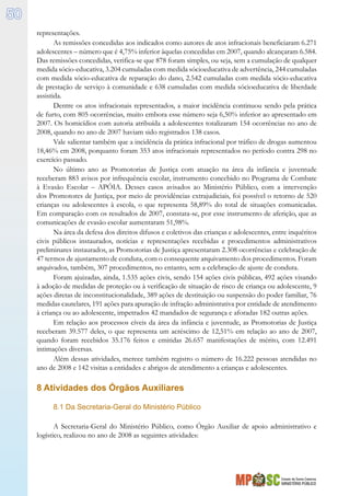 Estado de Santa Catarina
MINISTÉRIO PÚBLICO
50
representações.
As remissões concedidas aos indicados como autores de atos infracionais beneficiaram 6.271
adolescentes – número que é 4,75% inferior àquelas concedidas em 2007, quando alcançaram 6.584.
Das remissões concedidas, verifica-se que 878 foram simples, ou seja, sem a cumulação de qualquer
medida sócio-educativa, 3.204 cumuladas com medida sócioeducativa de advertência, 244 cumuladas
com medida sócio-educativa de reparação do dano, 2.542 cumuladas com medida sócio-educativa
de prestação de serviço à comunidade e 638 cumuladas com medida sócioeducativa de liberdade
assistida.
Dentre os atos infracionais representados, a maior incidência continuou sendo pela prática
de furto, com 805 ocorrências, muito embora esse número seja 6,50% inferior ao apresentado em
2007. Os homicídios com autoria atribuída a adolescentes totalizaram 154 ocorrências no ano de
2008, quando no ano de 2007 haviam sido registrados 138 casos.
Vale salientar também que a incidência da prática infracional por tráfico de drogas aumentou
18,46% em 2008, porquanto foram 353 atos infracionais representados no período contra 298 no
exercício passado.
No último ano as Promotorias de Justiça com atuação na área da infância e juventude
receberam 883 avisos por infrequência escolar, instrumento concebido no Programa de Combate
à Evasão Escolar – APÓIA. Desses casos avisados ao Ministério Público, com a intervenção
dos Promotores de Justiça, por meio de providências extrajudiciais, foi possível o retorno de 520
crianças ou adolescentes à escola, o que representa 58,89% do total de situações comunicadas.
Em comparação com os resultados de 2007, constata-se, por esse instrumento de aferição, que as
comunicações de evasão escolar aumentaram 51,98%.
Na área da defesa dos direitos difusos e coletivos das crianças e adolescentes, entre inquéritos
civis públicos instaurados, notícias e representações recebidas e procedimentos administrativos
preliminares instaurados, as Promotorias de Justiça apresentaram 2.308 ocorrências e celebração de
47 termos de ajustamento de conduta, com o consequente arquivamento dos procedimentos. Foram
arquivados, também, 307 procedimentos, no entanto, sem a celebração de ajuste de conduta.
Foram ajuizadas, ainda, 1.535 ações civis, sendo 154 ações civis públicas, 492 ações visando
à adoção de medidas de proteção ou à verificação de situação de risco de criança ou adolescente, 9
ações diretas de inconstitucionalidade, 389 ações de destituição ou suspensão do poder familiar, 76
medidas cautelares, 191 ações para apuração de infração administrativa por entidade de atendimento
à criança ou ao adolescente, impetrados 42 mandados de segurança e aforadas 182 outras ações.
Em relação aos processos cíveis da área da infância e juventude, as Promotorias de Justiça
receberam 39.577 deles, o que representa um acréscimo de 12,51% em relação ao ano de 2007,
quando foram recebidos 35.176 feitos e emitidas 26.657 manifestações de mérito, com 12.491
intimações diversas.
Além dessas atividades, merece também registro o número de 16.222 pessoas atendidas no
ano de 2008 e 142 visitas a entidades e abrigos de atendimento a crianças e adolescentes.
8 Atividades dos Órgãos Auxiliares
8.1 Da Secretaria-Geral do Ministério Público
A Secretaria-Geral do Ministério Público, como Órgão Auxiliar de apoio administrativo e
logístico, realizou no ano de 2008 as seguintes atividades:
 