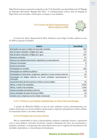 Relatório de Gestão Institucional 2008
77
Papai Noel aconteceu numa festa realizada no dia 13 de dezembro, nas dependências da 14ª Brigada
de Infantaria Motorizada “Brigada Silva Paes”. A confraternização contou, além da chegada do
Papai Noel, com recreação e lanche para as crianças e seus familiares.
8.3.5 Centro de Apoio Operacional do
Meio Ambiente (CME)
O Centro de Apoio Operacional do Meio Ambiente, como Órgão Auxiliar, realizou no ano
de 2008 as seguintes atividades:
Espécie Quantidade
Solicitações de apoio a Órgãos de execução recebidas 448
Atos de apoio realizados a Órgãos de 2º grau 55
Atos de apoio realizados a Órgãos de 1º grau 567
Pesquisas realizadas 51
Remessa de subsídios doutrinários, legislativos e jurisprudenciais 155
Palestras ministradas 8
Eventos promovidos 3
Participação em reuniões 106
Participação em audiências públicas 4
Participação em seminários, congressos, palestras e outros eventos externos 14
Participação em Órgãos externos ou outras entidades representando a
Instituição
25
Encaminhamento de documentos ou feitos a outros Órgãos 24
Ofícios, e-mails e fax expedidos 2.624
Ofícios, e-mails e fax recebidos 1.930
Pessoas atendidas (do público externo) 424
Outras atividades de apoio (Processos FRBL) 43
Contatos com a imprensa escrita, falada e televisada 21
8.3.5.1 Políticas e prioridades estabelecidas no Plano Geral de Atuação
A atuação do Ministério Público na área do meio ambiente ocorreu, prioritariamente, nos
campos da proteção aos recursos hídricos, da prevenção e repressão à poluição por resíduos sólidos,
do saneamento básico e da ordem urbanística.
8.3.5.2 Proteção aos recursos hídricos
Deu-se continuidade às ações já desencadeadas, mediante cooperação técnica e operacional
com os entes públicos e privados envolvidos, visando à eliminação dos focos de contaminação e
poluição, à proteção e à recuperação das matas ciliares, bem como à exigência do licenciamento das
atividades exploradoras e à intensificação da fiscalização.
 